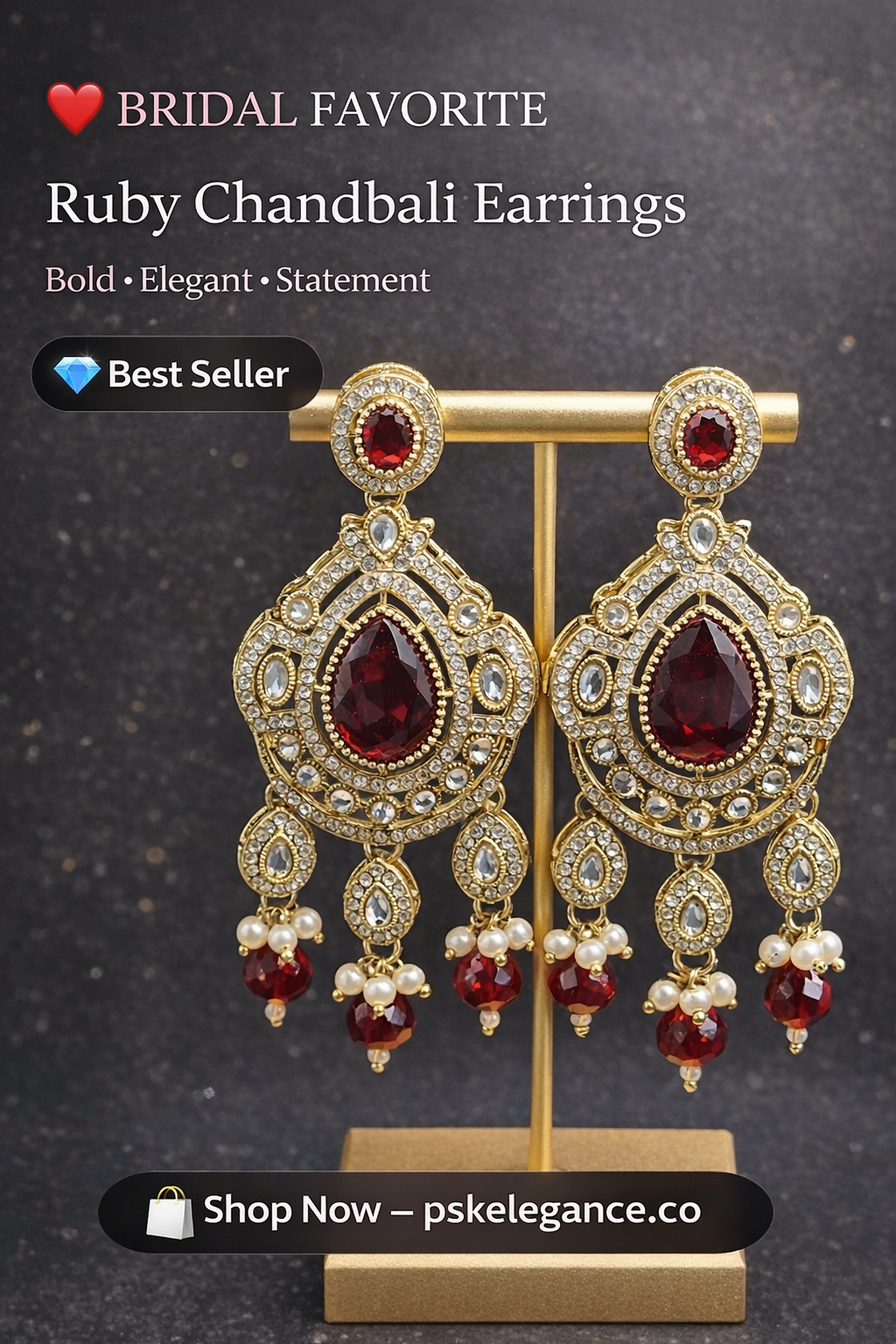 Ruby Red Kundan Chandbali Earrings with Pearl Drops – Bridal Luxe