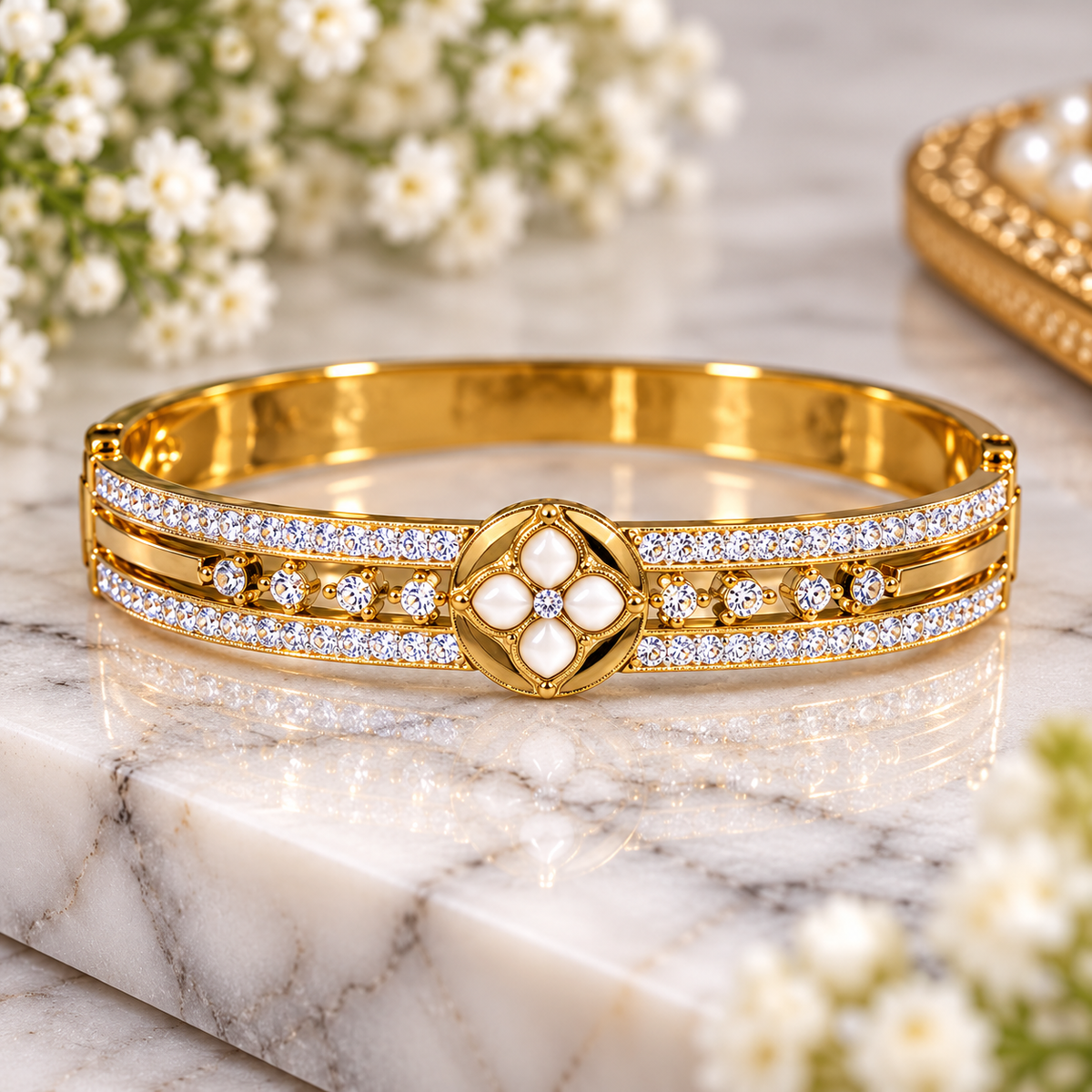 Gold-Tone Floral Crystal Cuff Bracelet with White Petals