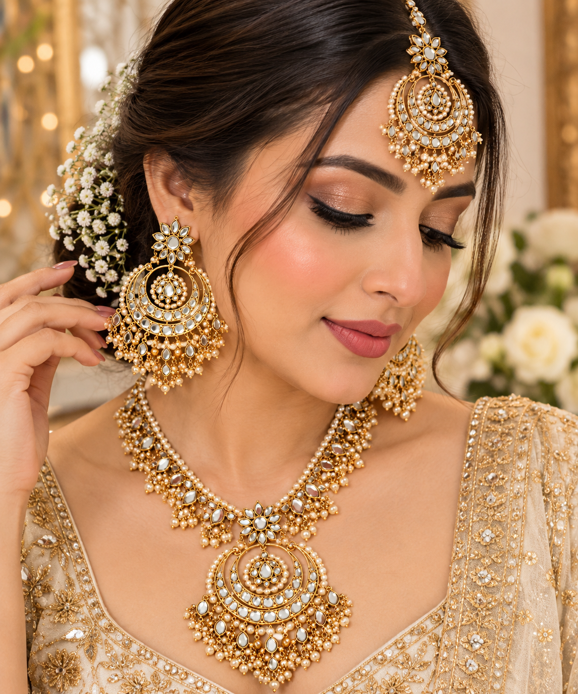 Gold Mirror Kundan Necklace Set with Matching Earrings & Maang Tikka