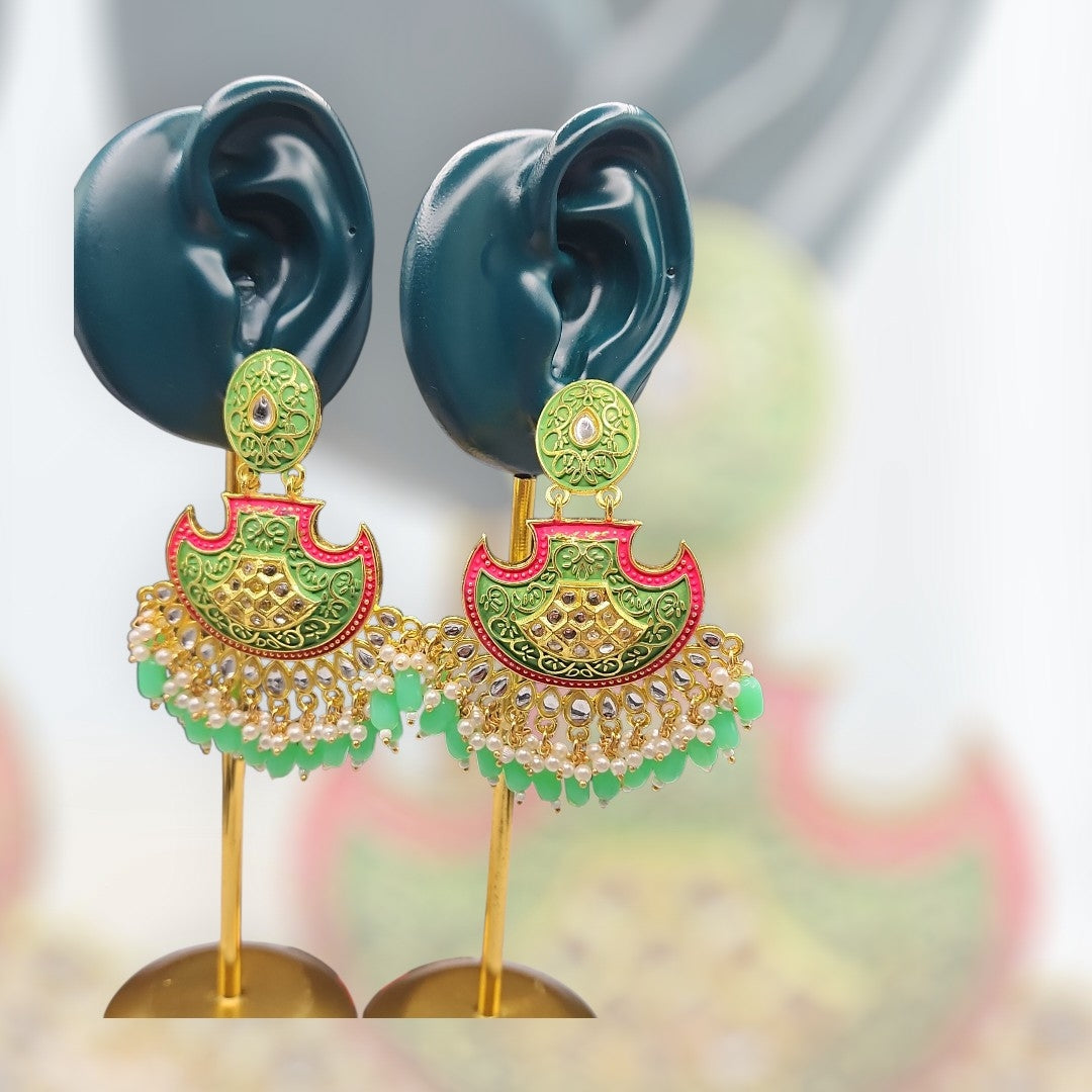 Green Pink Meenakari Chandbali Earrings | Pearl Bead Indian Statement Earrings