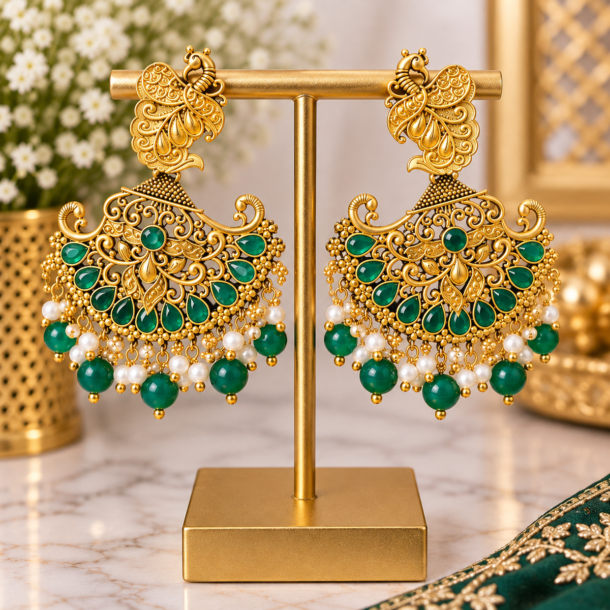 Green Peacock Statement Earrings