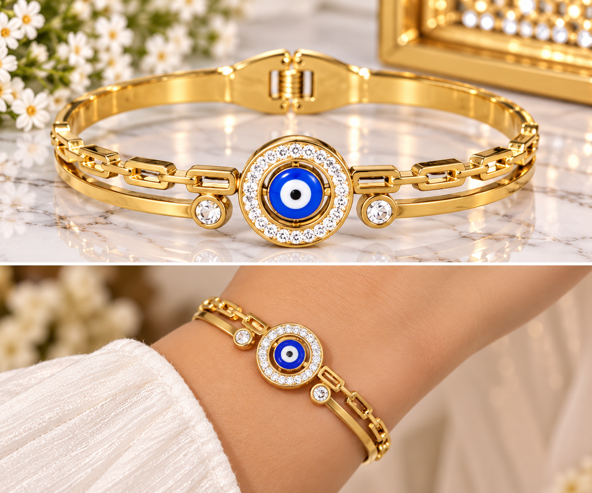 Gold-Tone Blue Evil Eye Crystal Cuff Bracelet