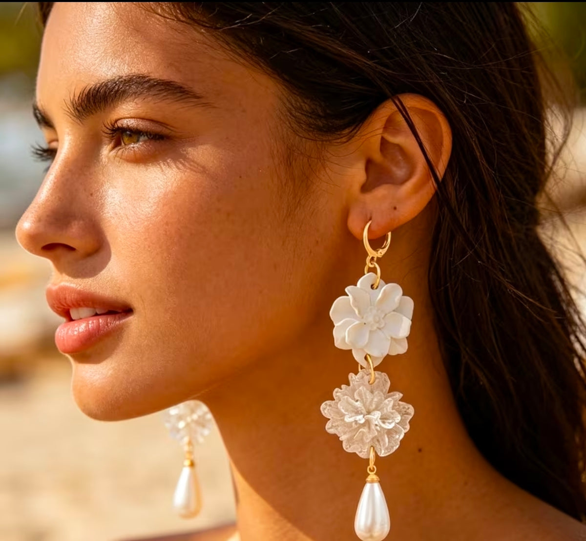 White Floral Pearl Drop Earrings