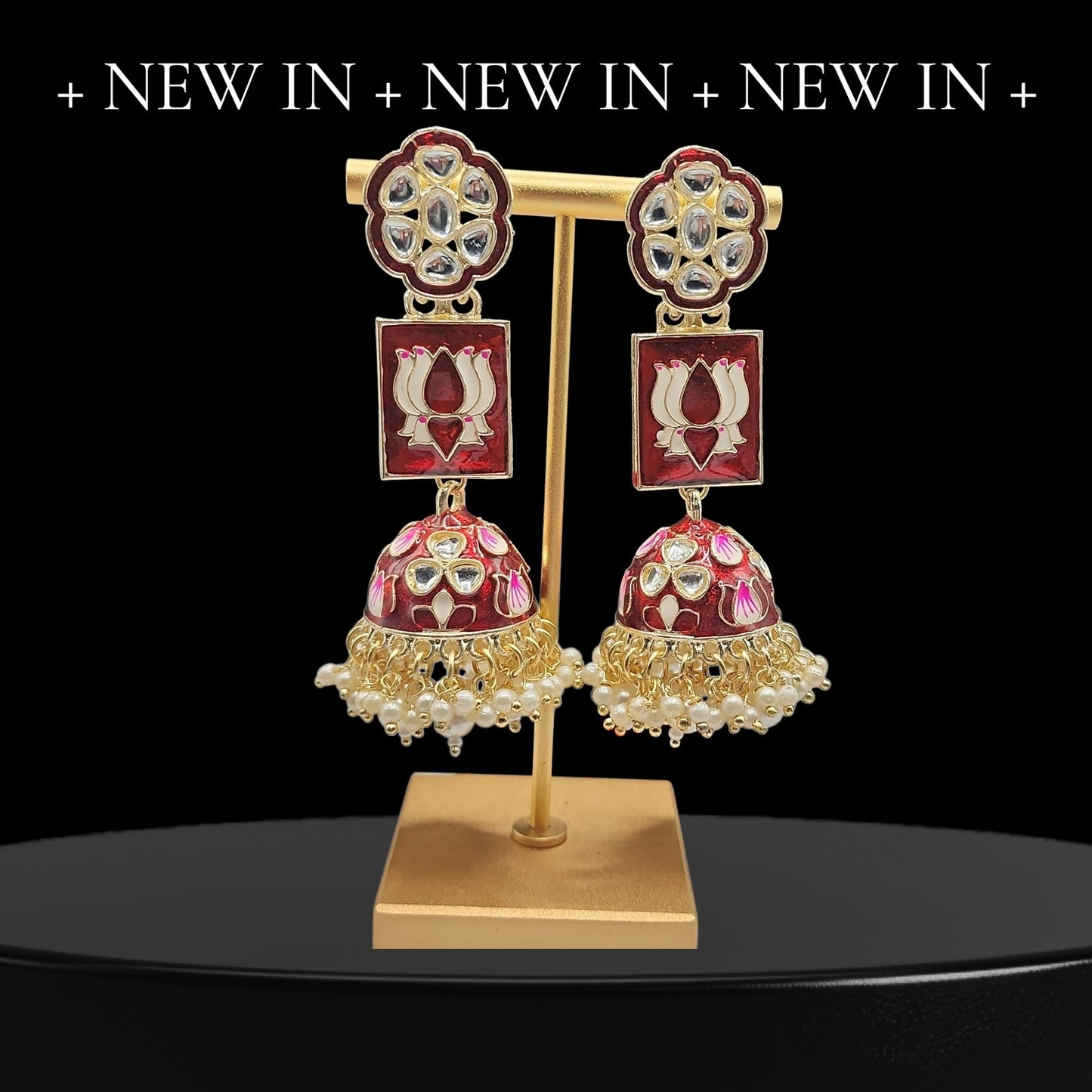 Burgundy Lotus Kundan Jhumka Earrings | Pearl Bead Indian Statement Earrings