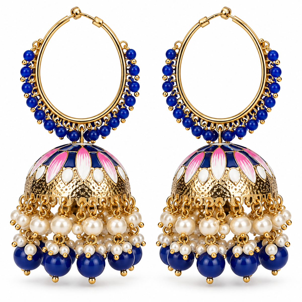 Blue Meenakari Hoop Jhumka Earrings | Pearl Statement Earrings