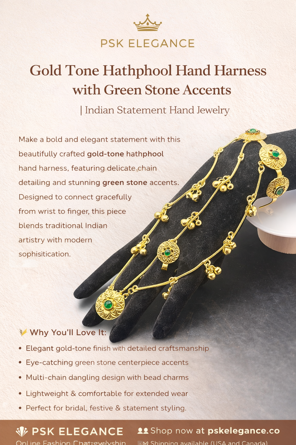 Gold Tone Hathphool Hand Harness with Green Stone Accents | Indian Statement Hand Jewelry