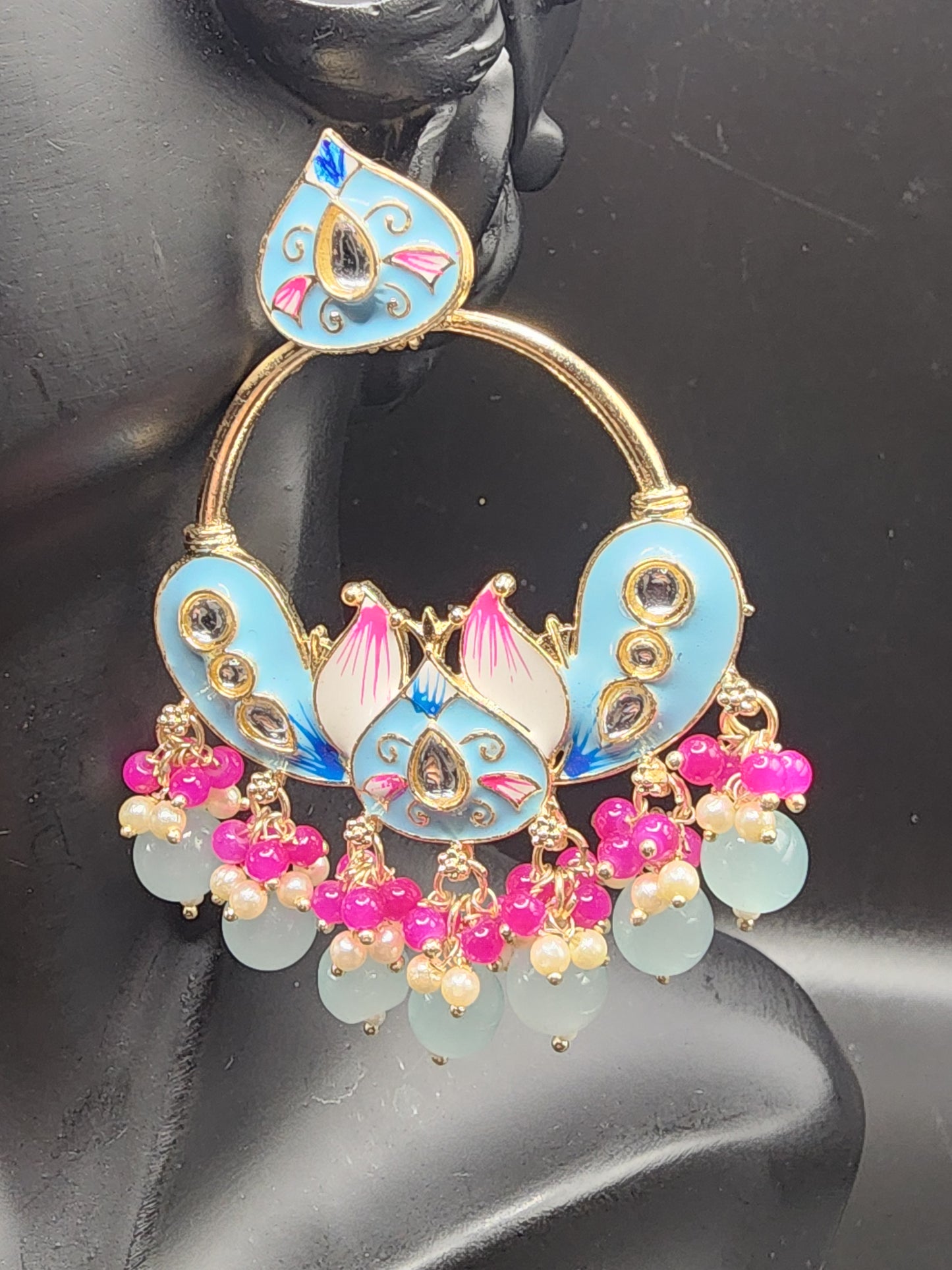 Pastel Sky Blue Meenakari Statement Hoop Earrings with Pink & Pearl Drops – Soft Luxe