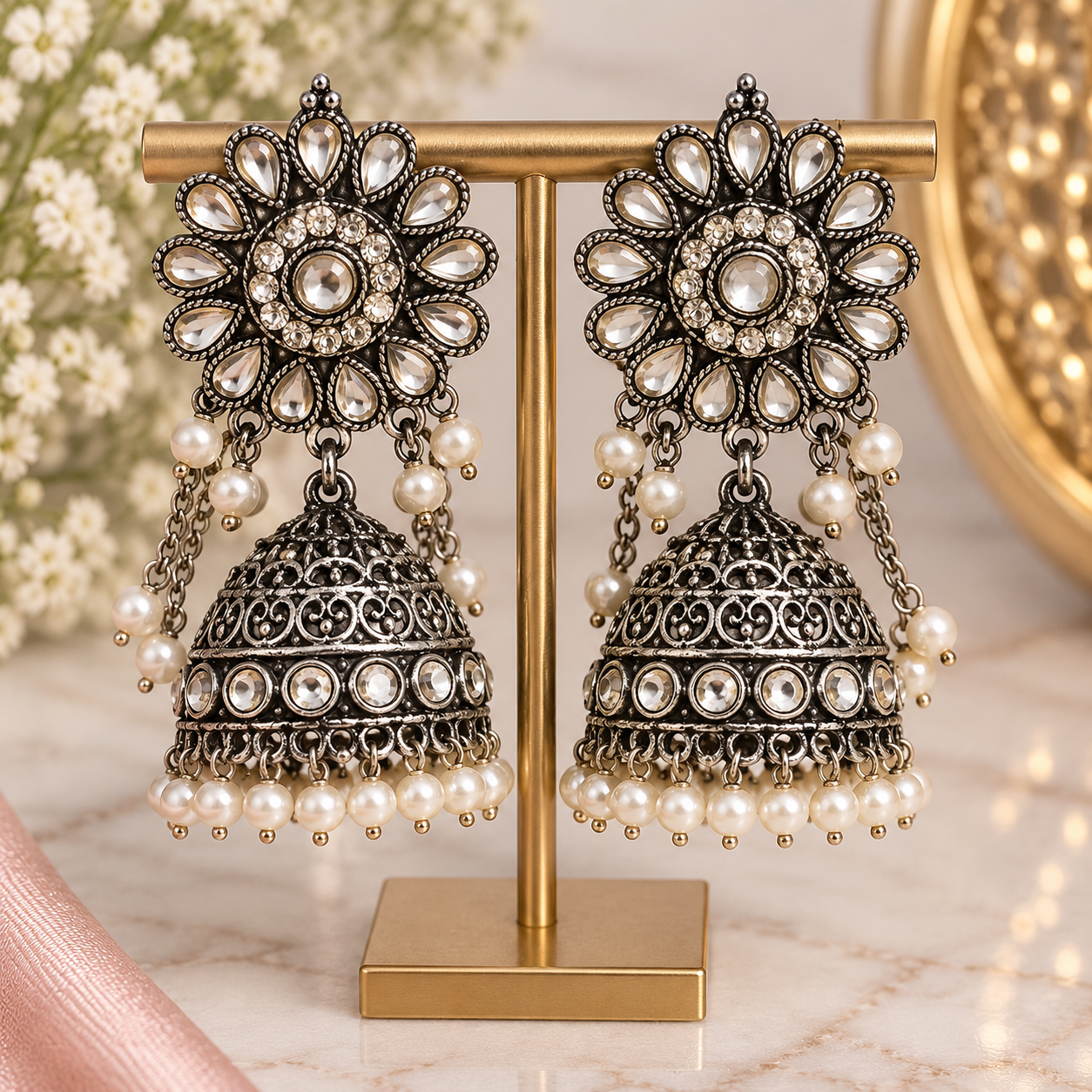 Oxidized Floral Jhumka Earrings Pearl & Kundan-Style Statement Earrings