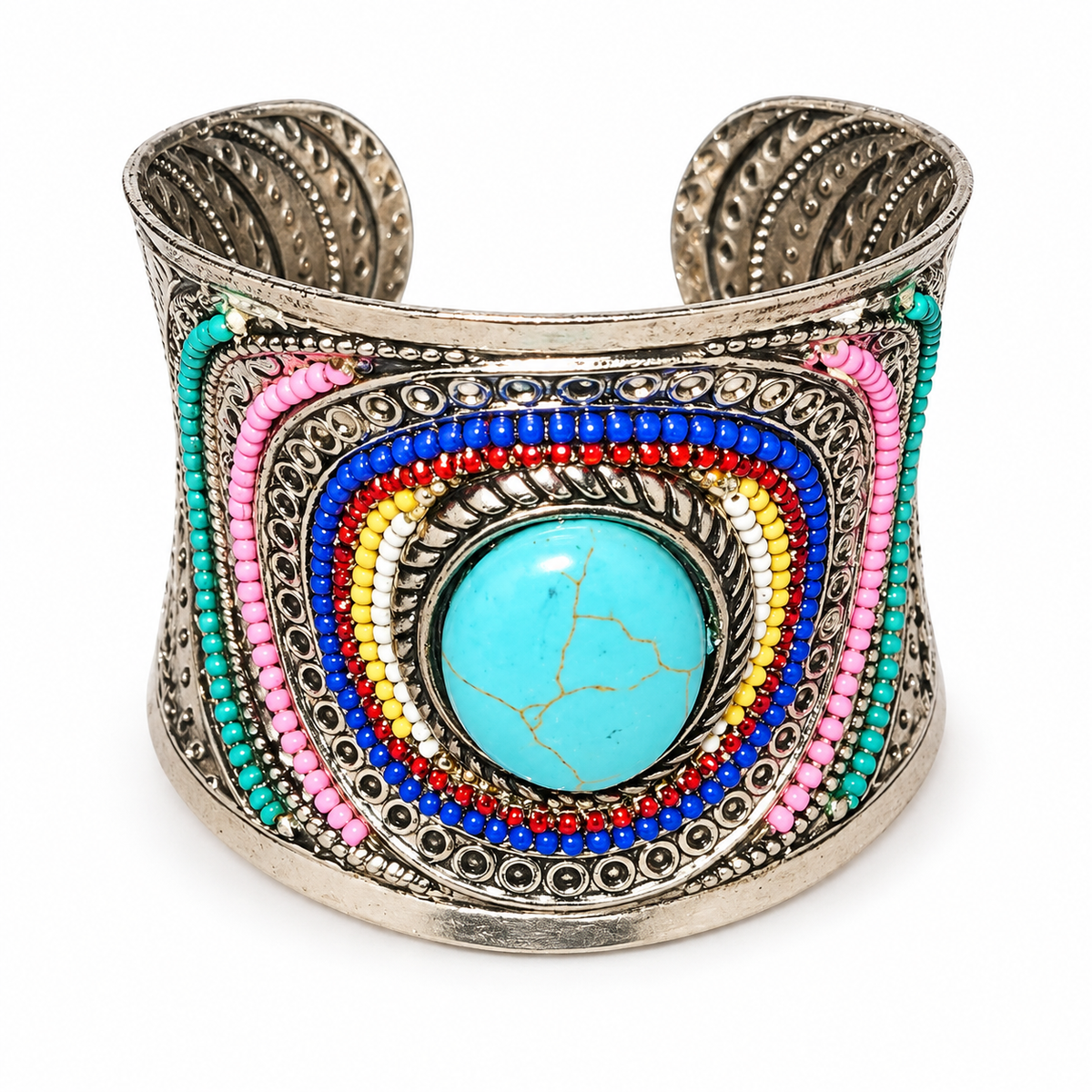 Multicolor Turquoise Statement Cuff Bracelet – Silver-Tone Boho Jewelry