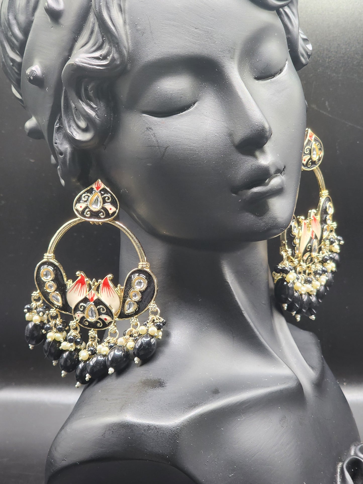 Black Chandbali Meenakari statement earrings