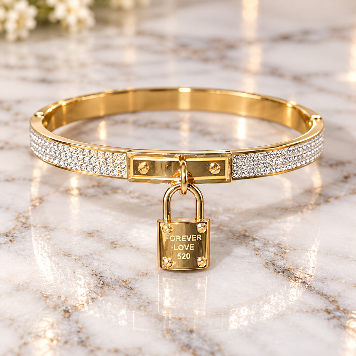 Gold-Tone Forever Love Crystal Padlock Cuff Bracelet | PSK ELEGANCE