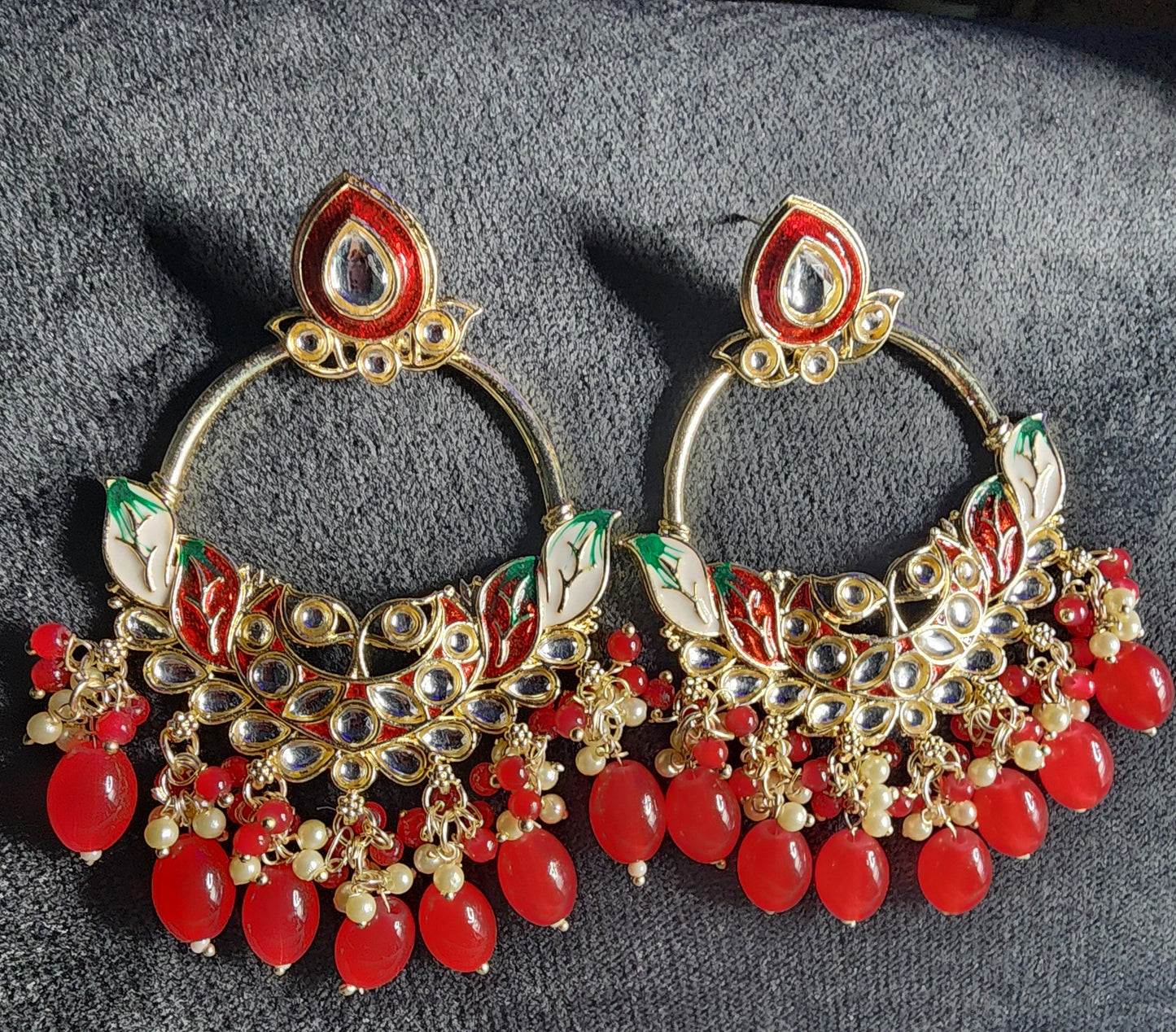 Royal Red Meenakari Statement Hoop Earrings with Beaded Drops – Festive Luxe