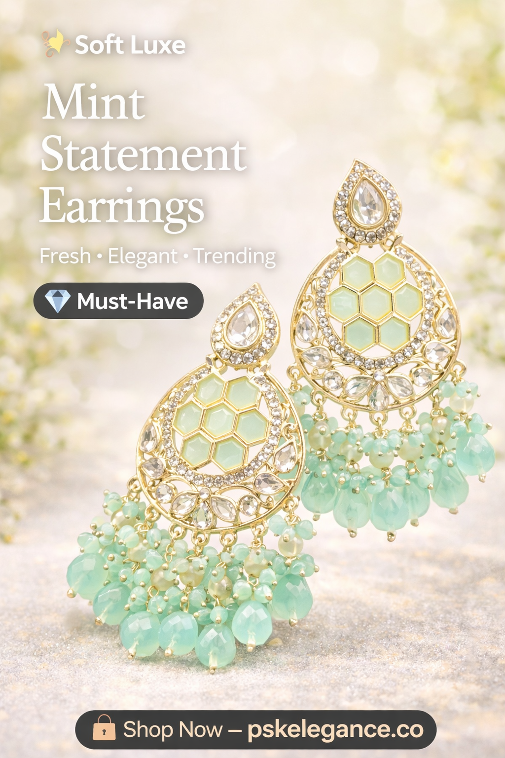 Mint Green Kundan Chandbali Earrings with Crystal Drops – Pastel Luxe