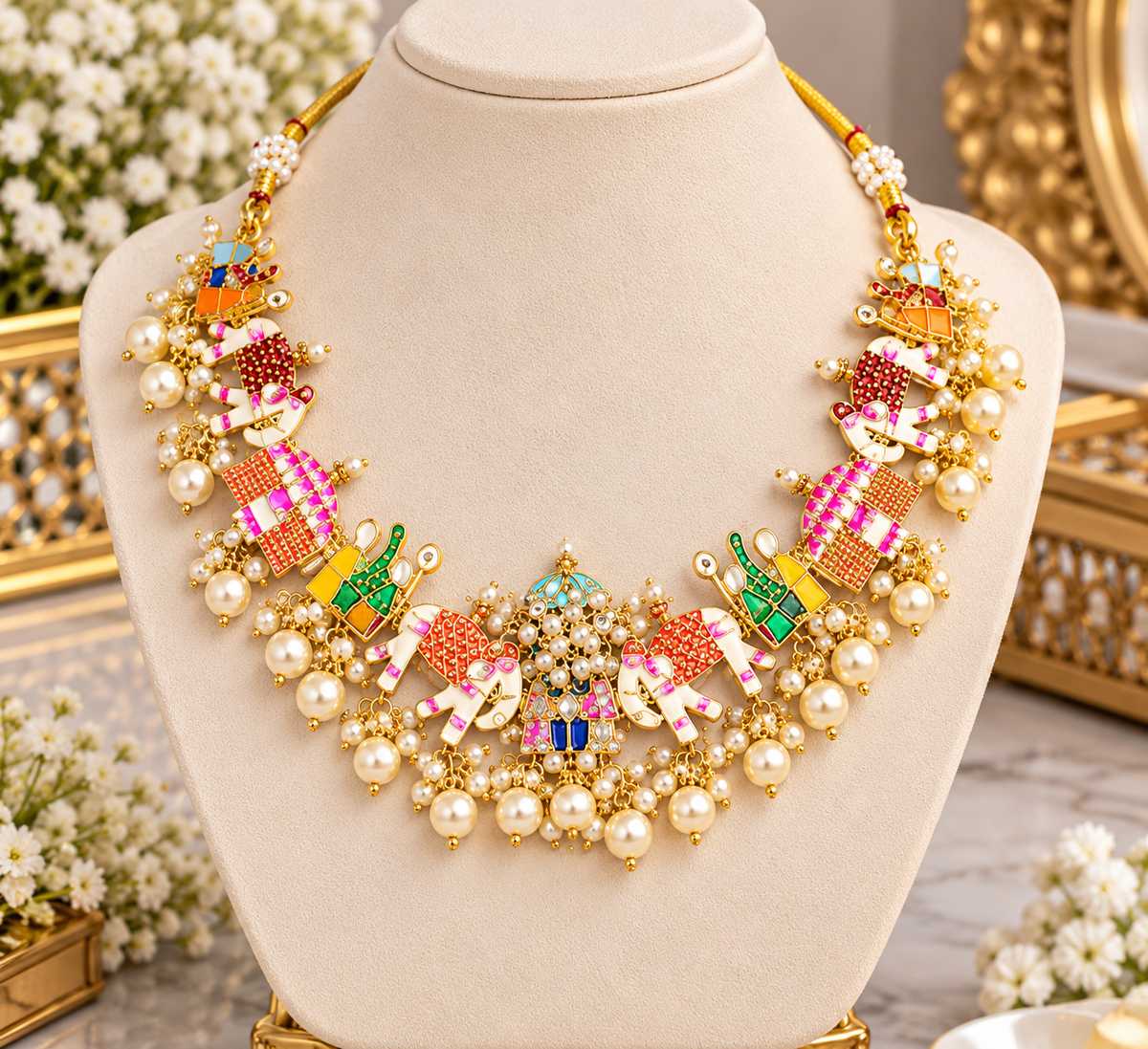 Multicolor Elephant Mirror Work Necklace | Indian Statement Jewelry