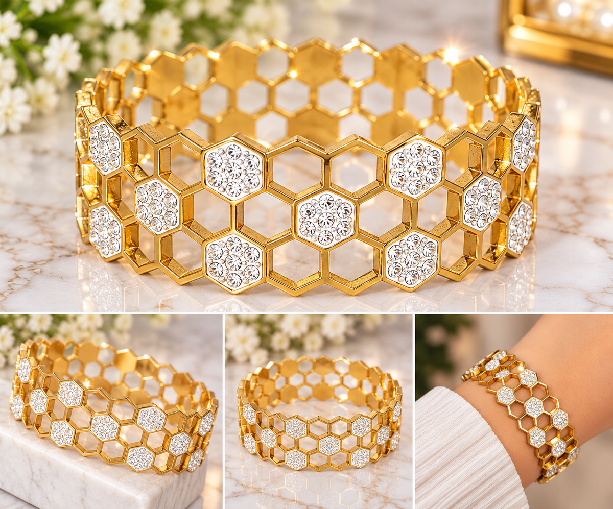 Gold-Tone Honeycomb Crystal Statement Bracelet