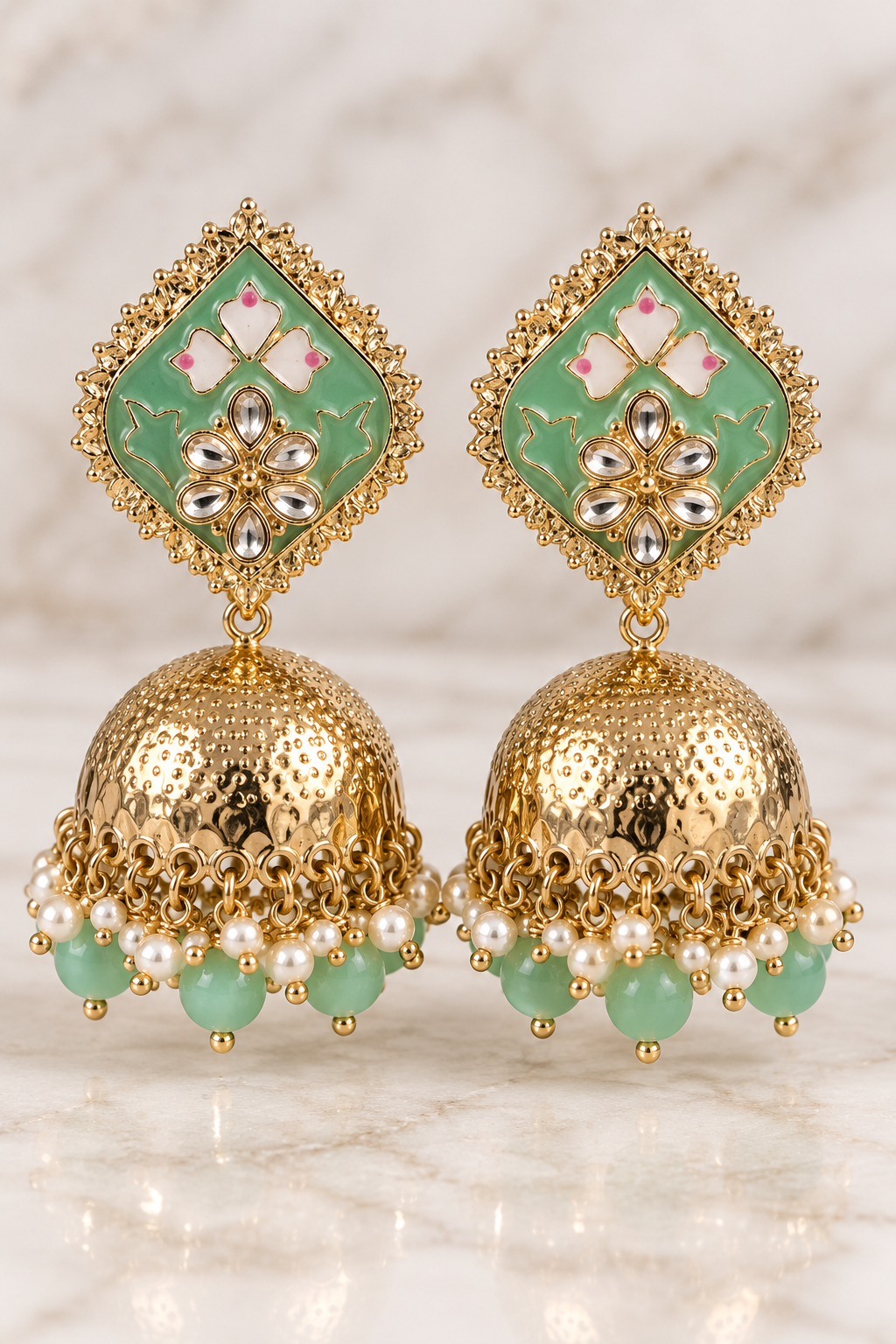 Green Enamel Jhumka Earrings with Pearl Drops