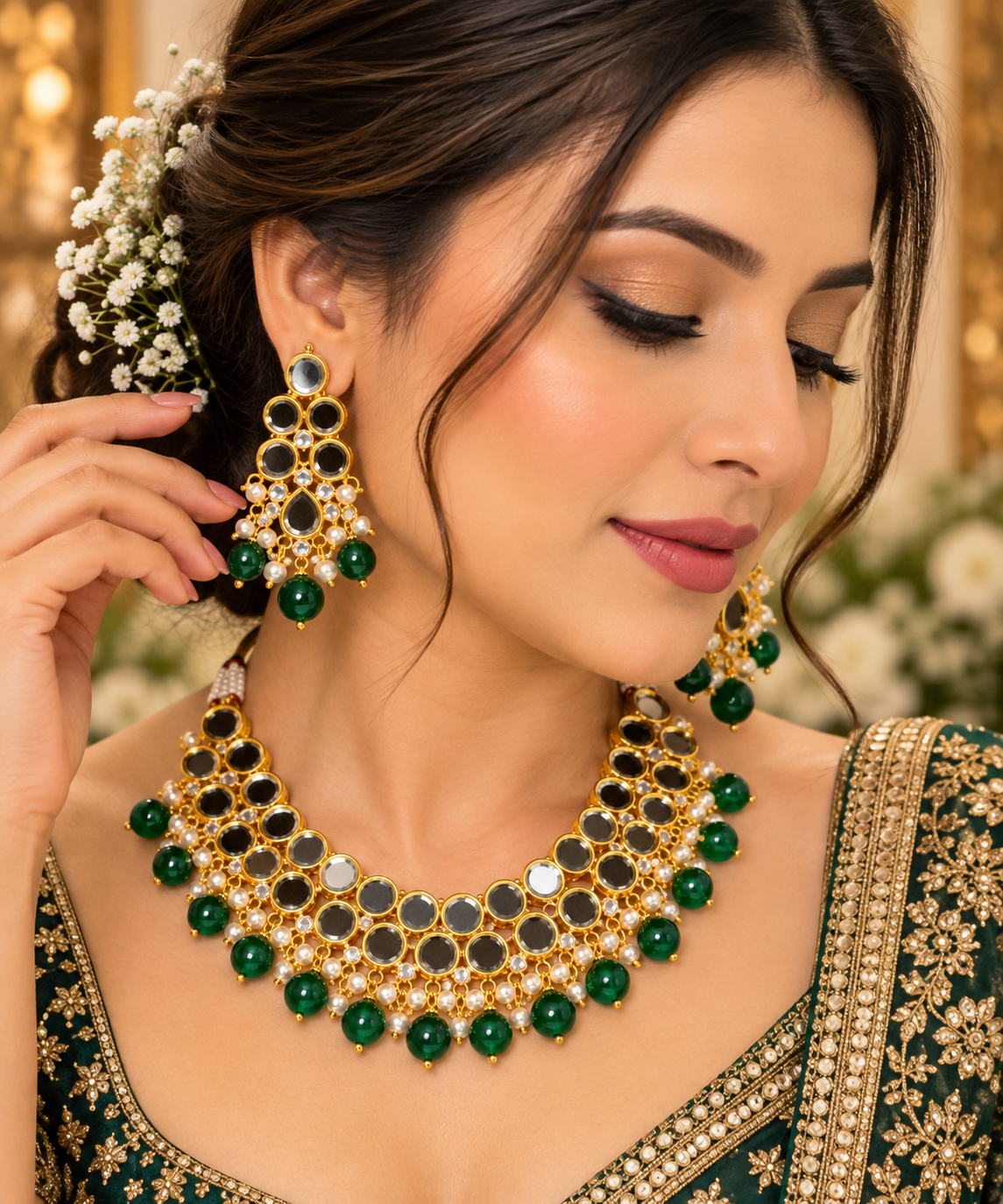 Gold Tone Mirror Kundan Necklace Set with Emerald Green Drops & Matching Earrings