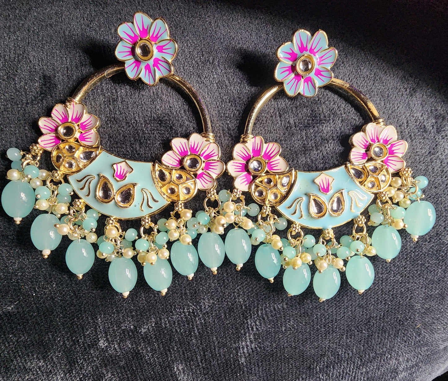 Pastel Floral Meenakari Statement Hoop Earrings with Mint Drops – Spring Luxe