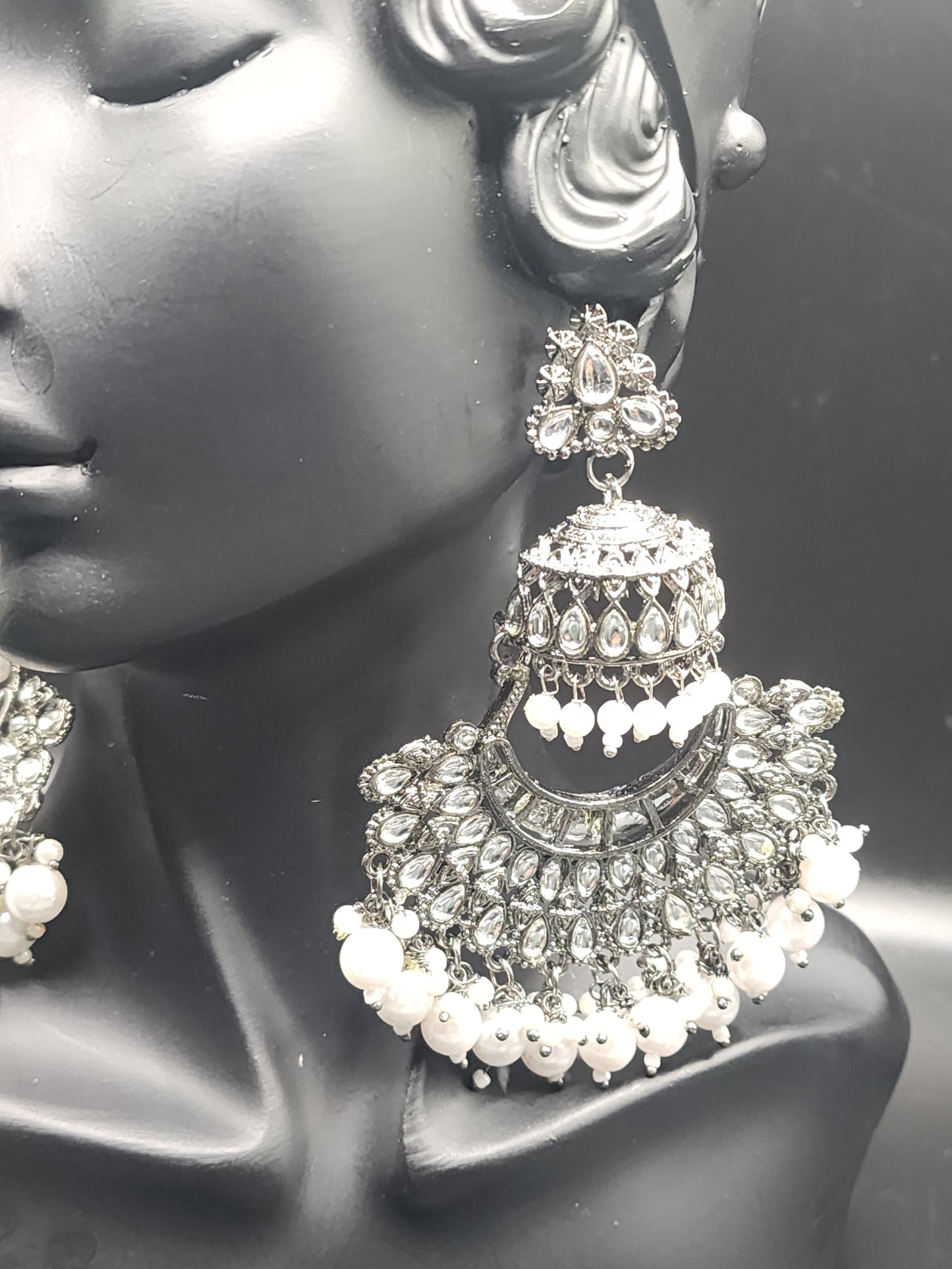 PSK ELEGANCE Oxidized Silver Kundan Chandbali Earrings | Pearl Drop Statement Ethnic Jewelry