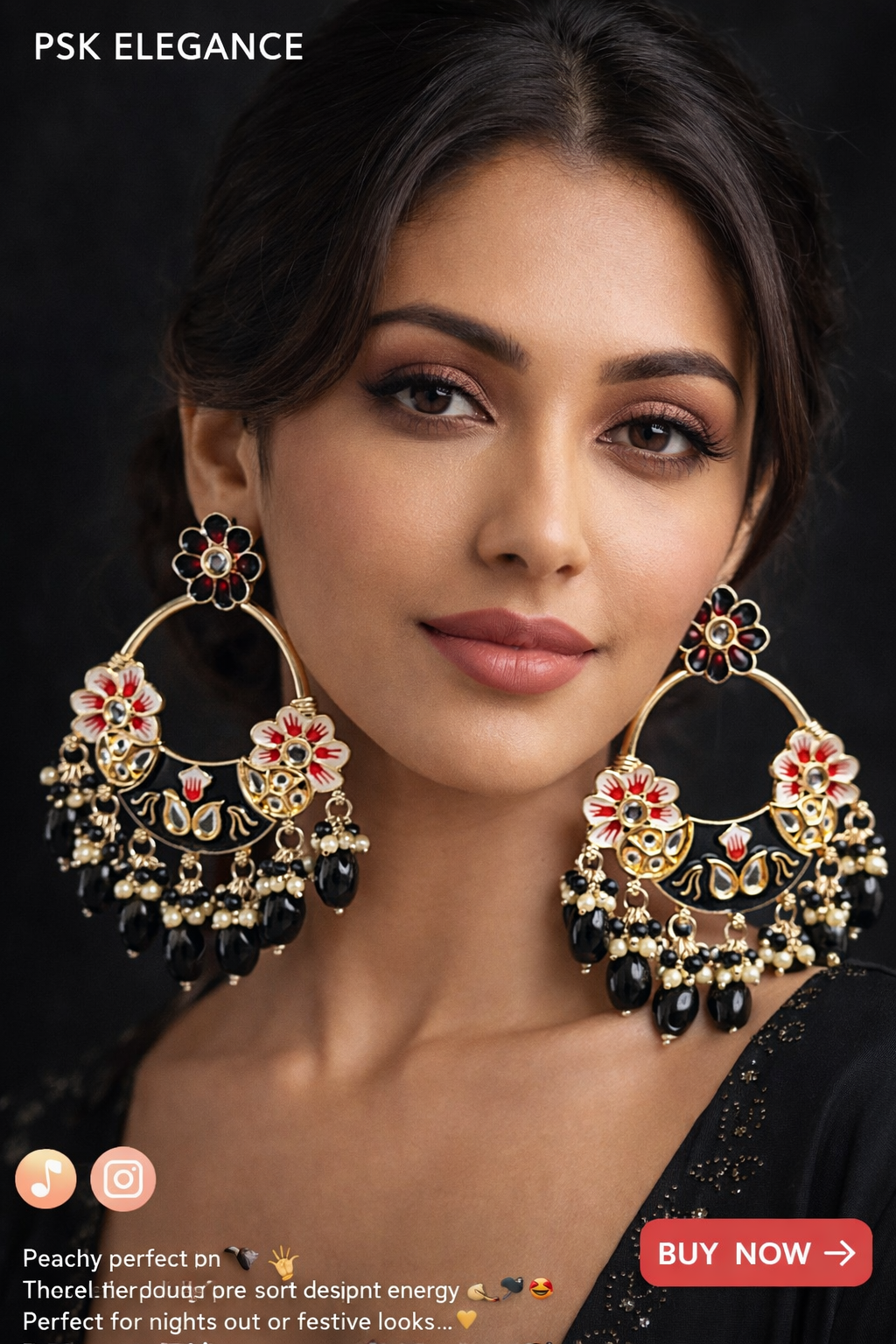 Black & Red Floral Chandbali Earrings with Pearl Drops