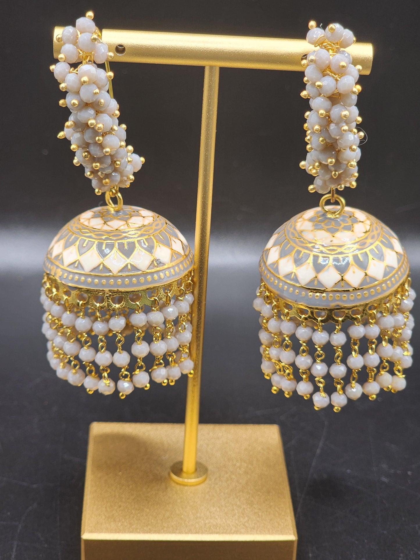 PSK ELEGANCE Ivory & Gold Meenakari Jhumka Earrings | Pearl Cluster Bridal Statement Jewelry