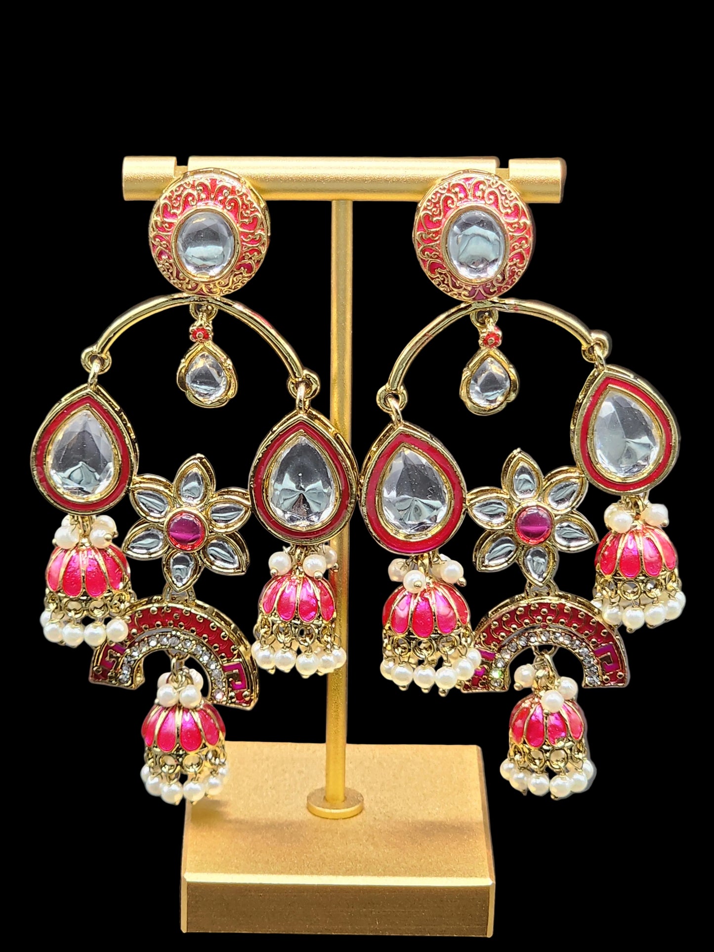 Pink Kundan Chandbali Earrings with Pearl Jhumka Drops – Festive Luxe