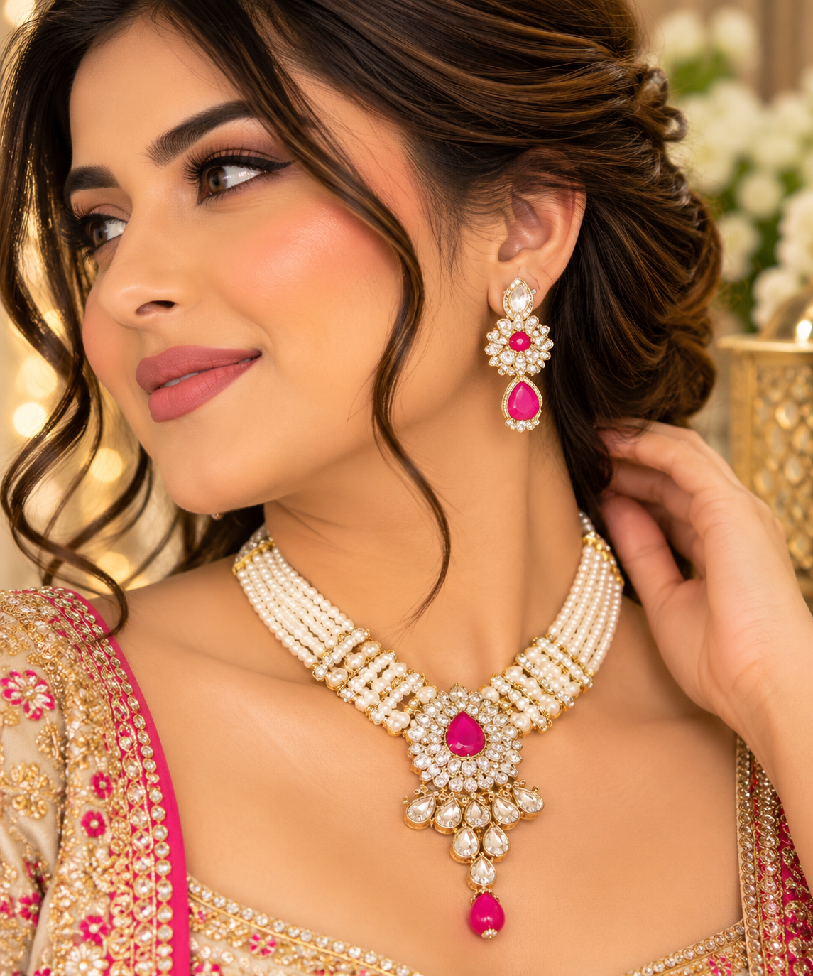 Pink & White Pearl Bridal Necklace Set | Gold-Tone Statement Jewelry