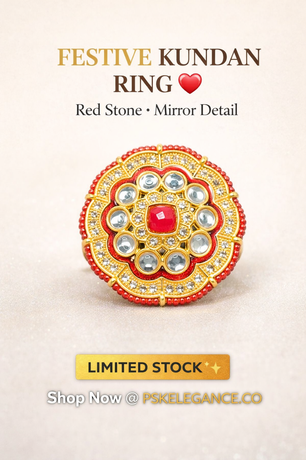 PSK ELEGANCE Red Kundan Mirror Statement Ring | Gold Enamel Adjustable Festive Cocktail Ring for Women