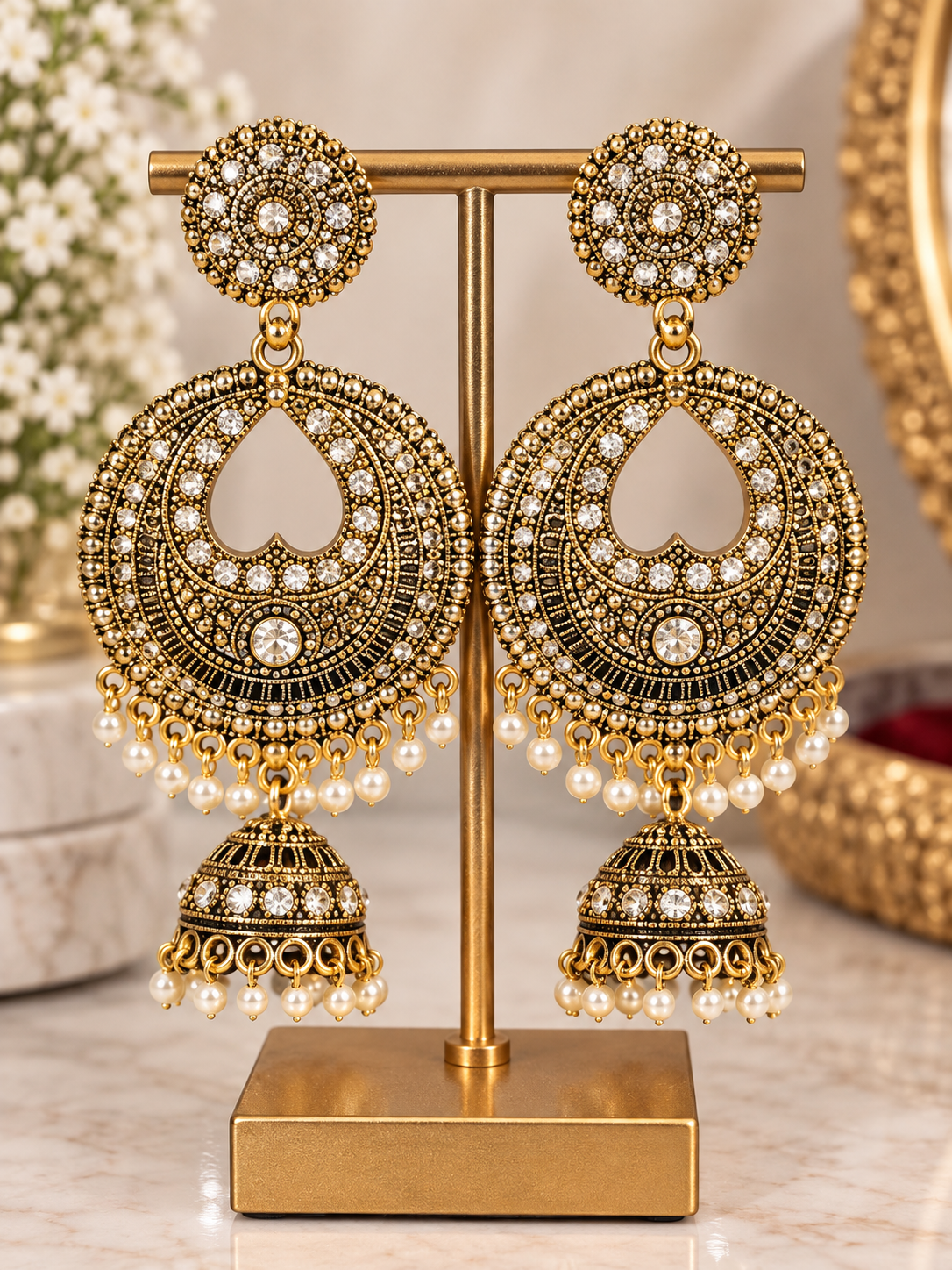 Ornate Antique Gold Jhumka Earrings