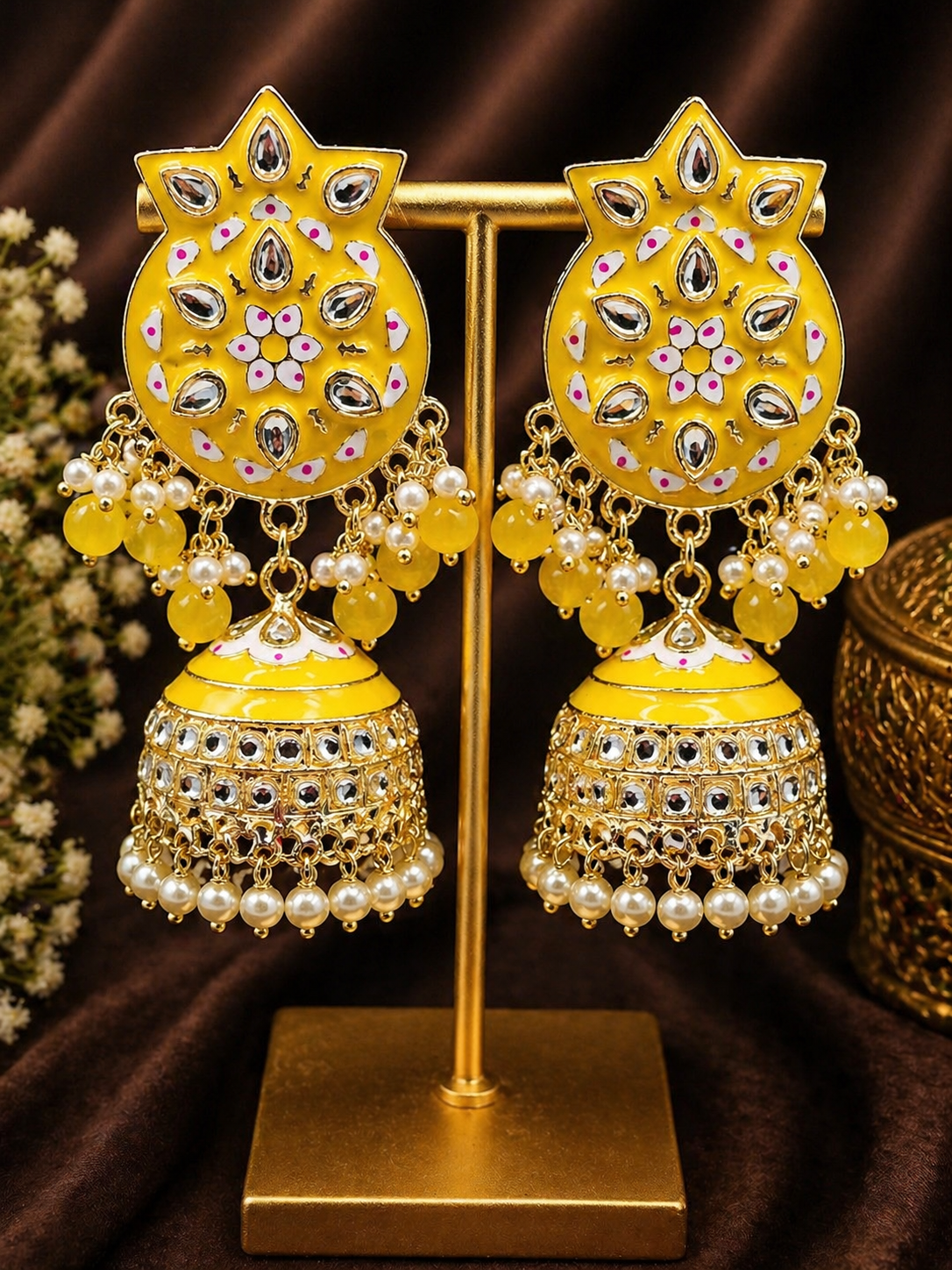 Yellow Meenakari Kundan Jhumka Earrings | Pearl Drop Indian Festive Earrings