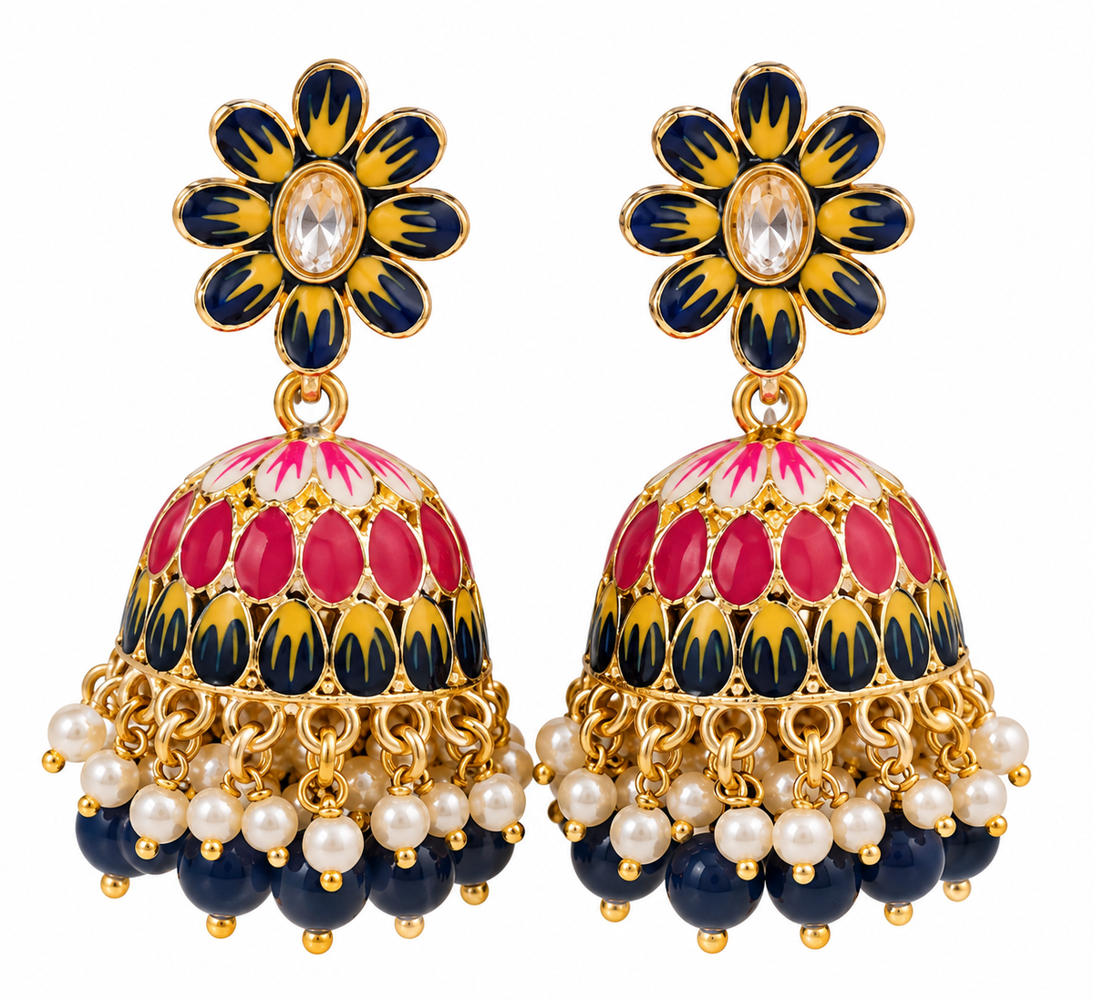 Blue & Pink Meenakari Jhumka Earrings | Multicolor Floral Statement Earrings