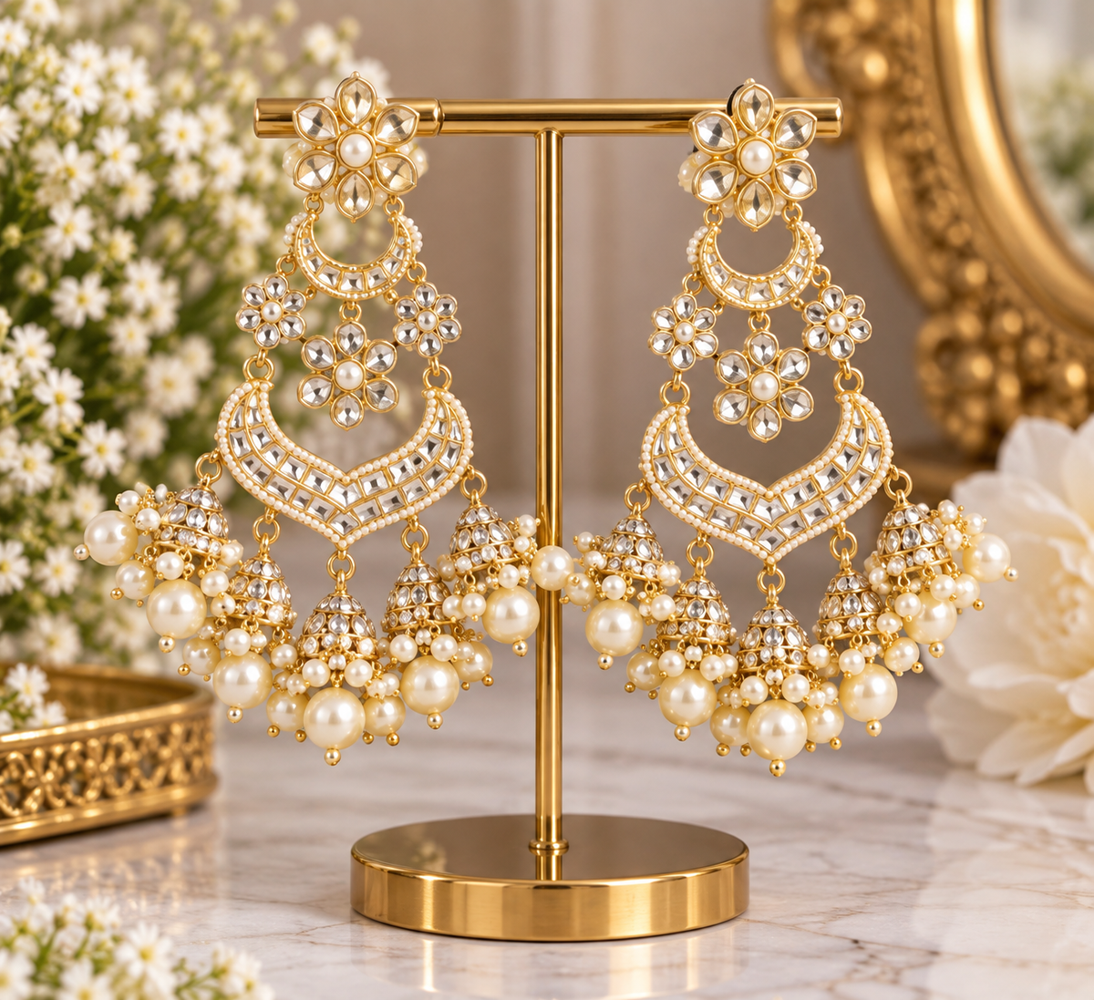 Gold Kundan Floral Chandbali Jhumka Earrings with Pearl Drops