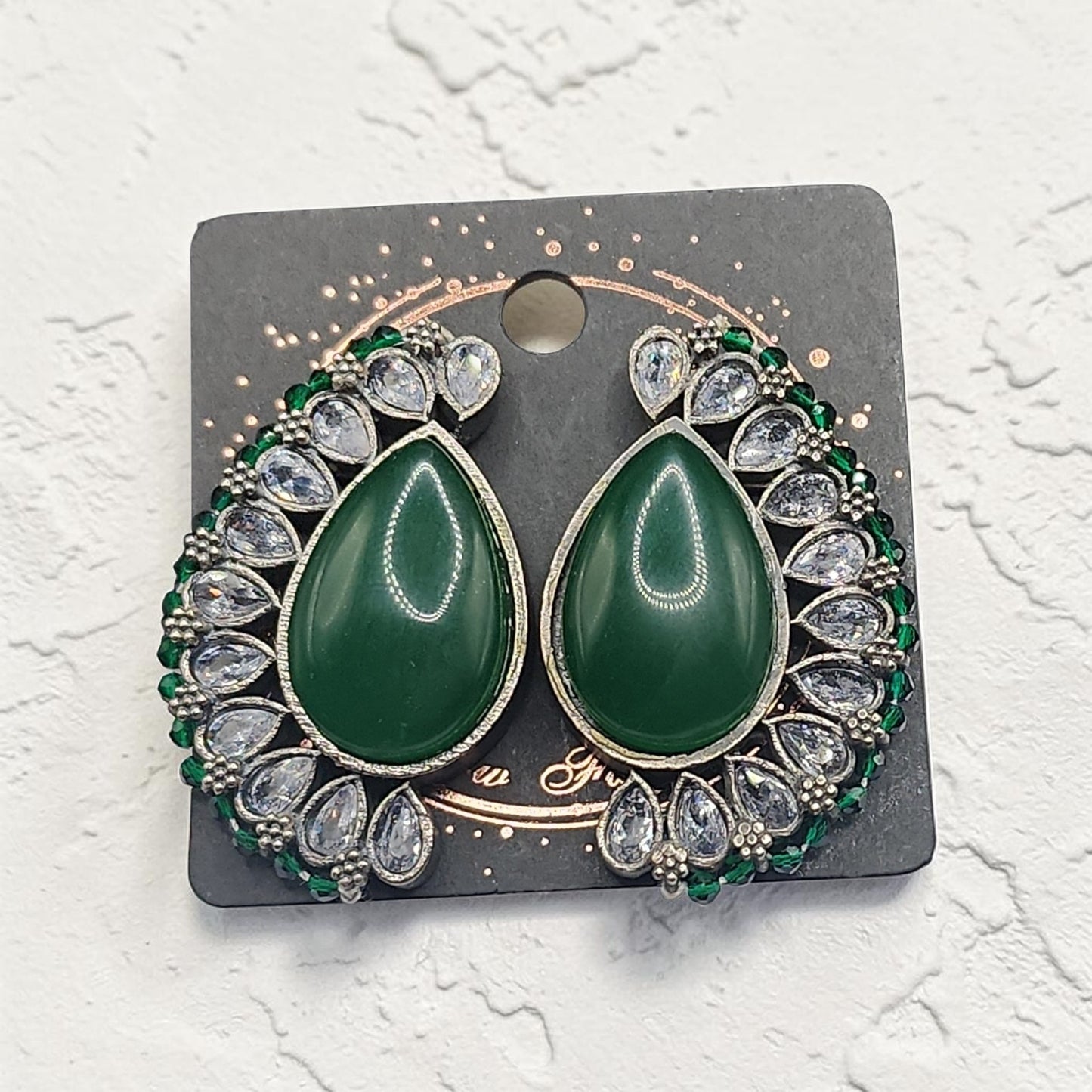 PSK ELEGANCE Emerald Green Teardrop Statement Earrings | Crystal Halo Indo-Western Luxury Jewelry