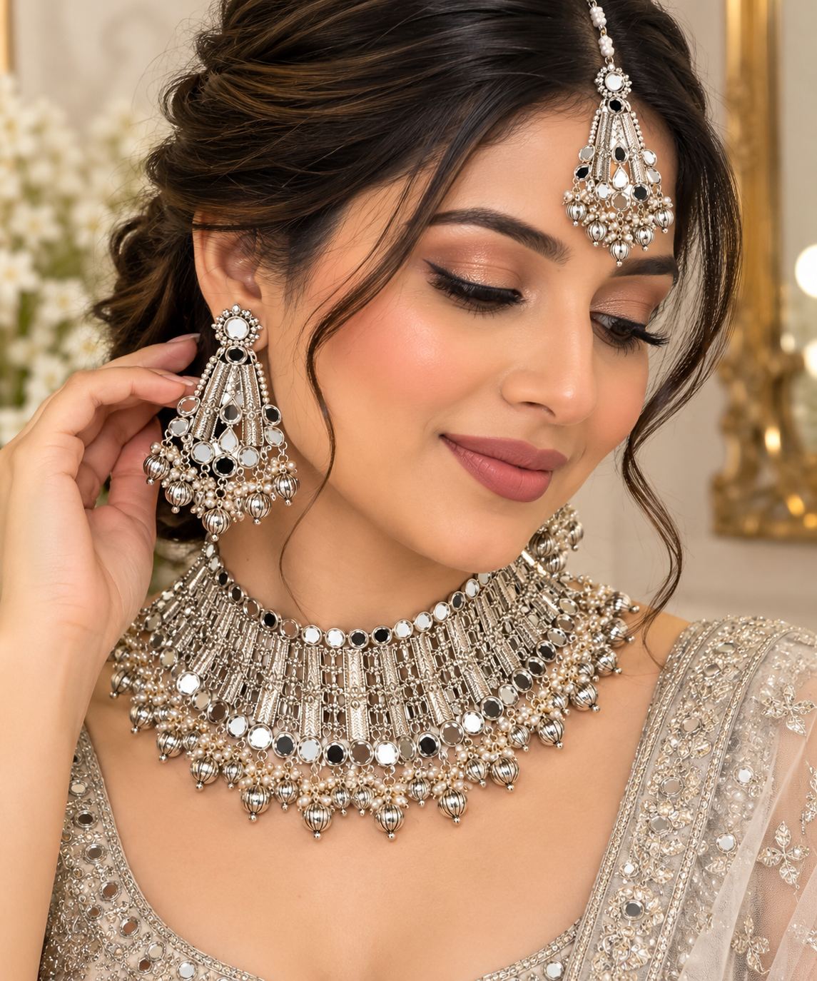 Silver Mirror Work Choker Necklace Set with Matching Earrings & Maang Tikka