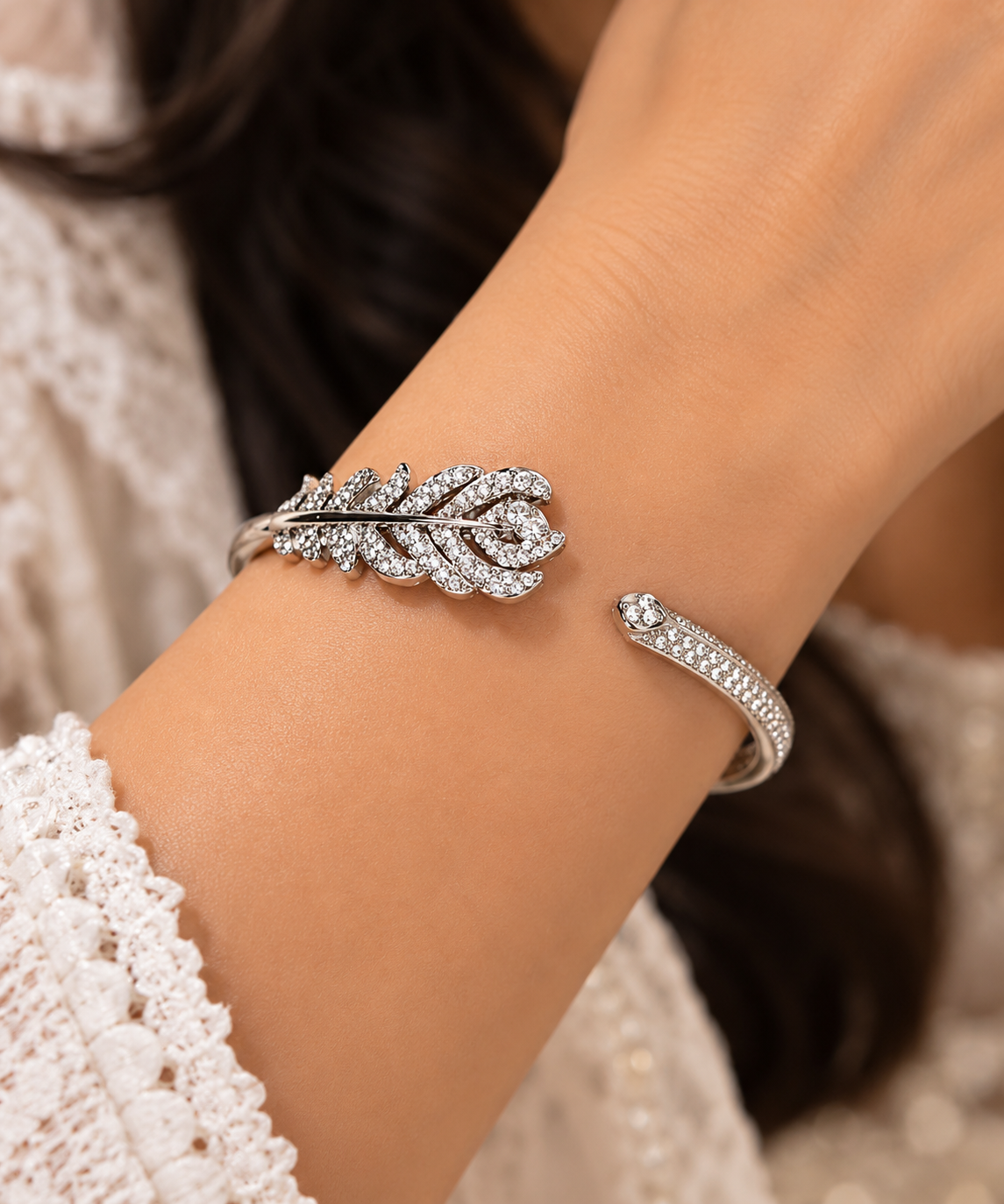 Silver-Tone Rhinestone Feather Cuff Bracelet