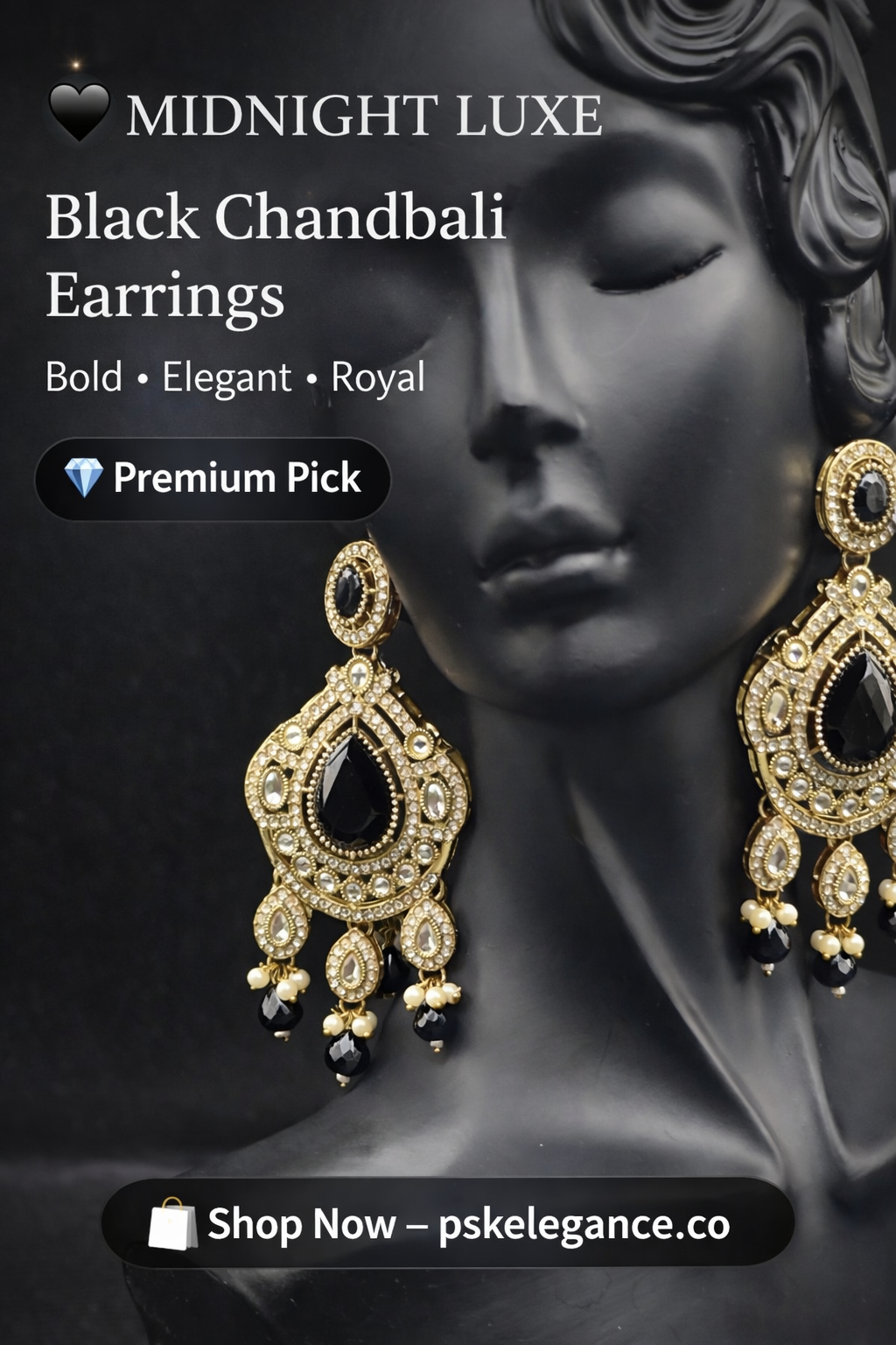 Midnight Black Kundan Chandbali Earrings – Royal Statement Luxe