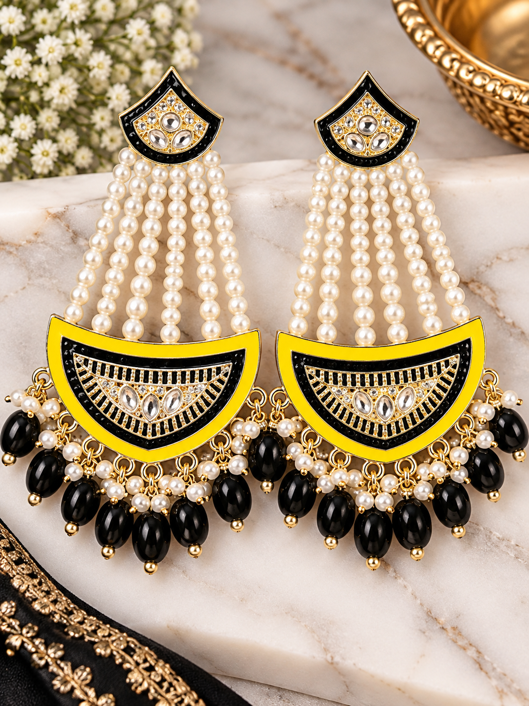 Black & Yellow Pearl Chandelier Earrings with Gold-Tone Kundan Detailing | PSK ELEGANCE