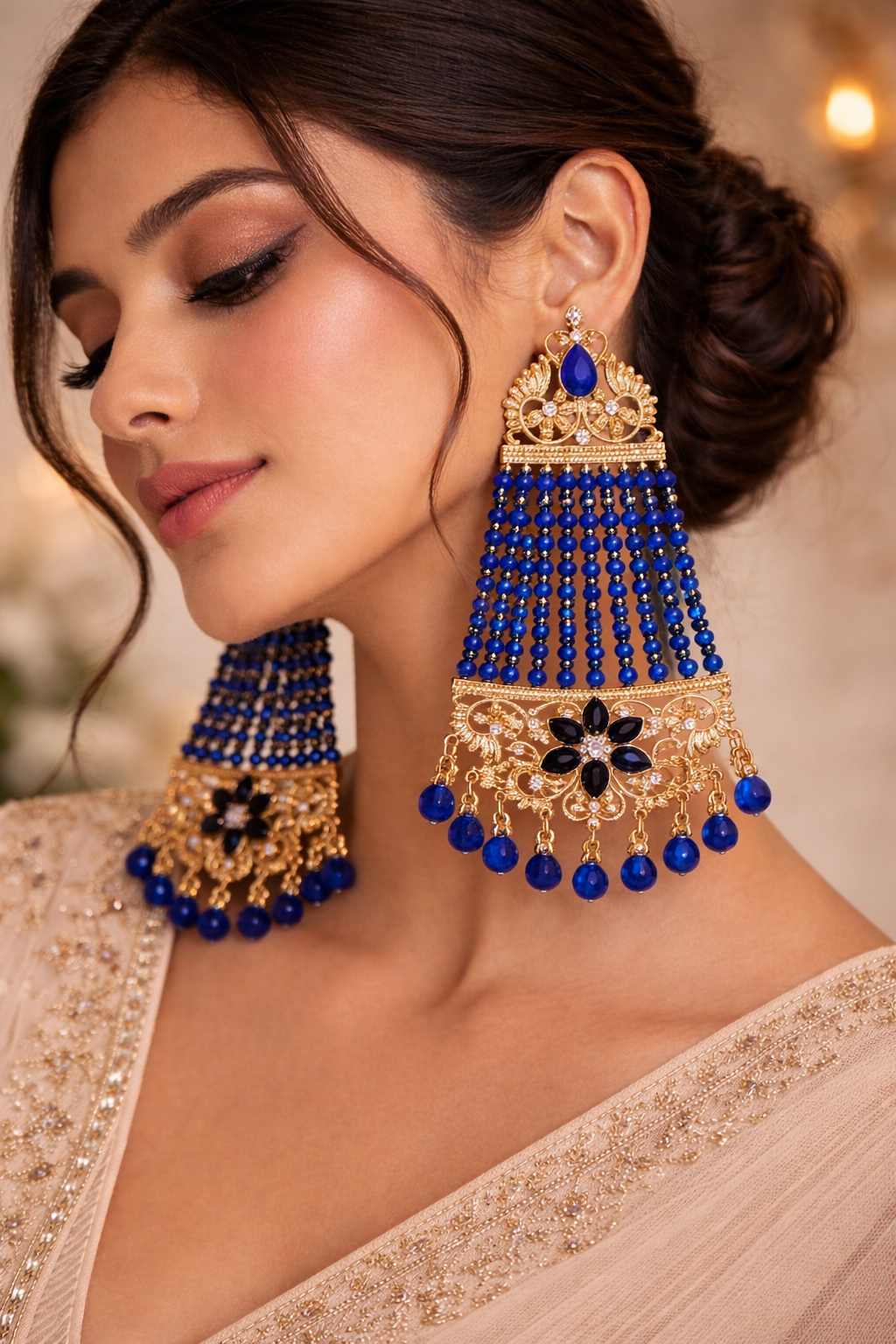 BLUE GOLD BEADS DANGLING EARRINGS