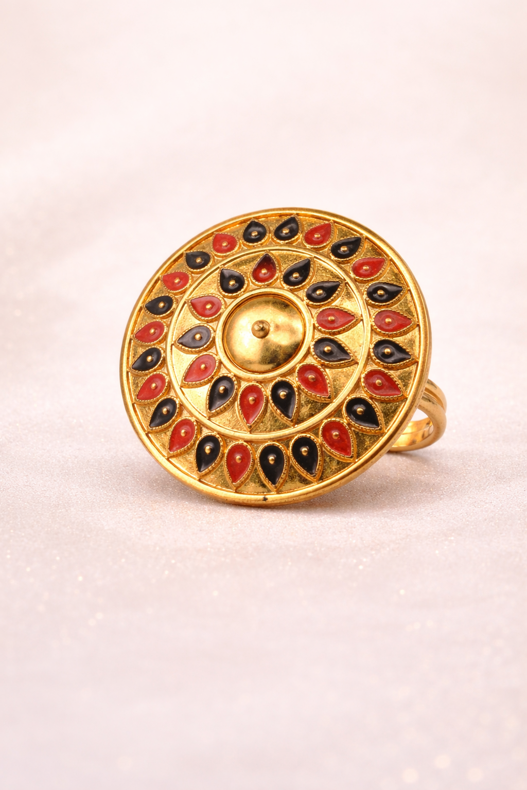 PSK ELEGANCE Antique Gold Round Statement Ring | Red & Black Enamel Traditional Adjustable Ring for Women