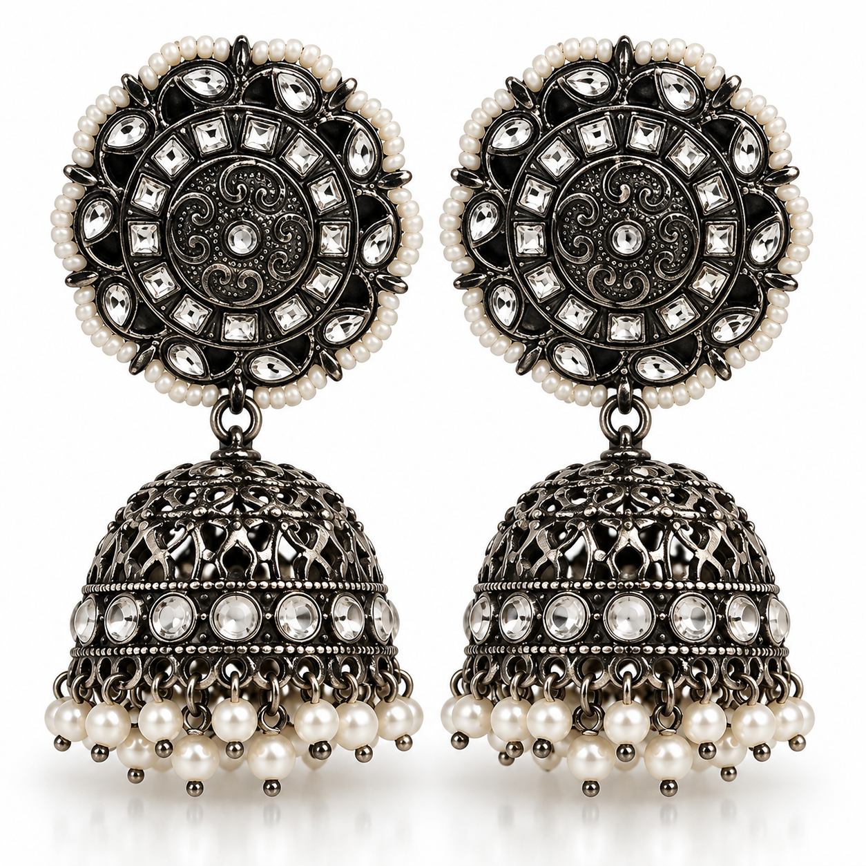 PSK ELEGANCE Black & Silver Pearl Jhumka Earrings