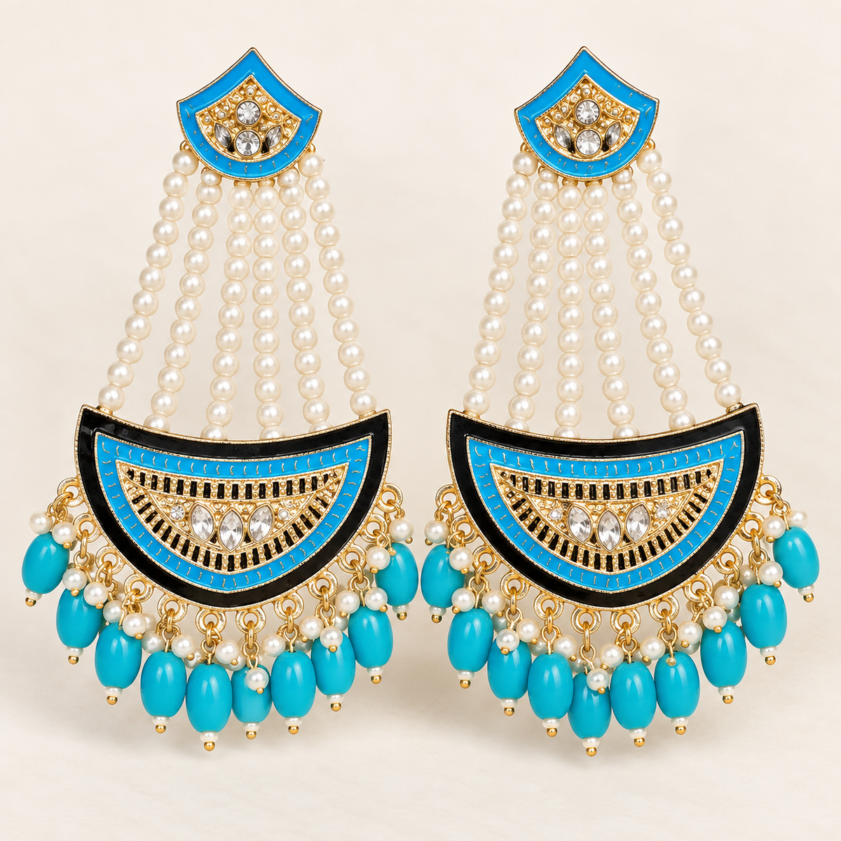 Turquoise Blue Pearl Chandelier Earrings – Black & Gold Statement Jhumkas