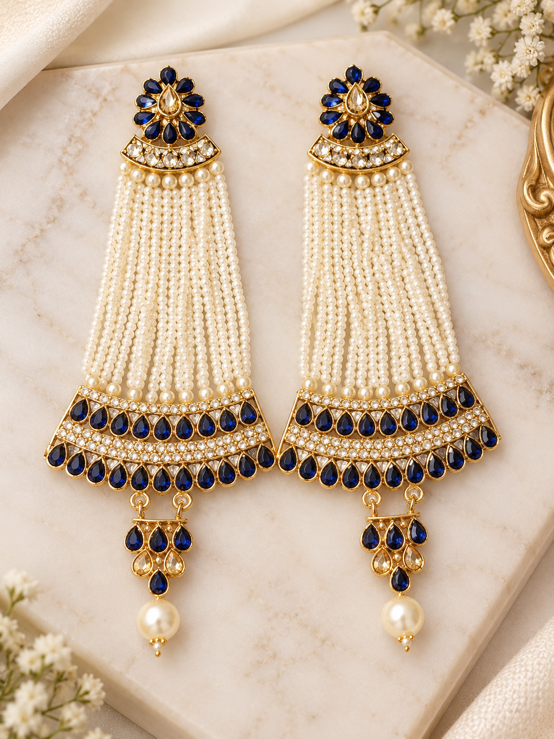 Navy Blue & Pearl Tassel Statement Earrings – Gold-Tone Bridal Jhumkas