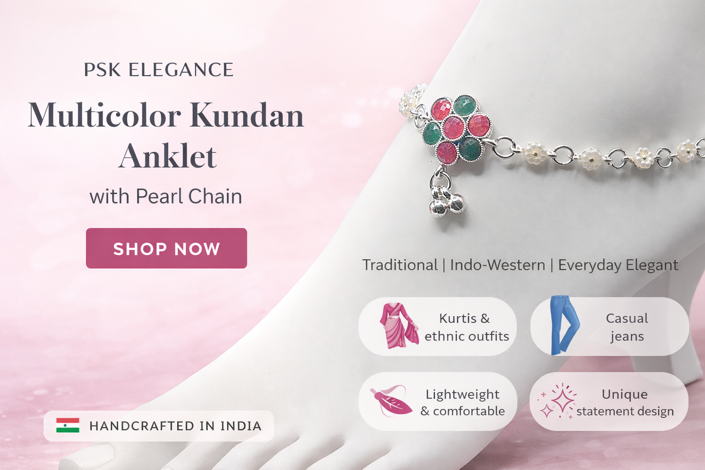 PSK ELEGANCE Multicolor Kundan Anklet with Pearl Chain ✨
