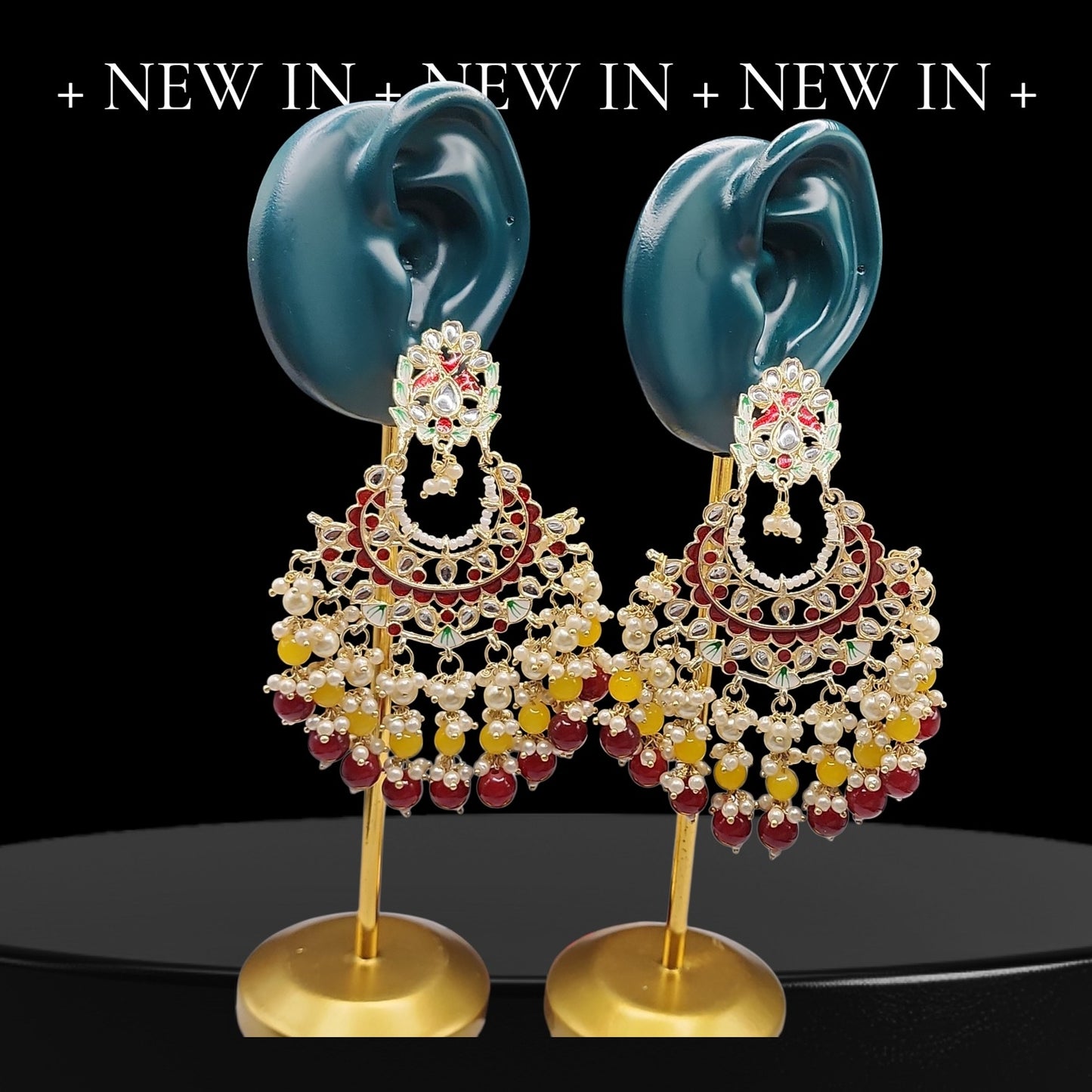 Multicolor Kundan Chandbali Earrings with Pearl & Bead Drops