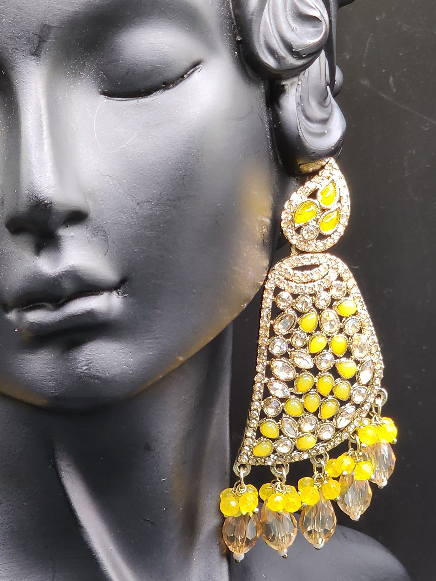 Yellow Kundan Statement Chandbali Earrings with Crystal Drops – Festive Luxe