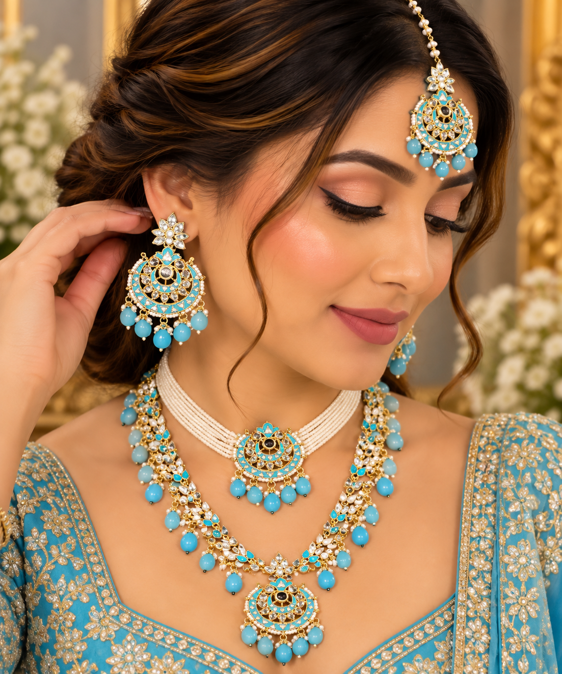 Turquoise Kundan Pearl Bridal Jewelry Set | Gold-Tone Necklace, Earrings & Maang Tikka