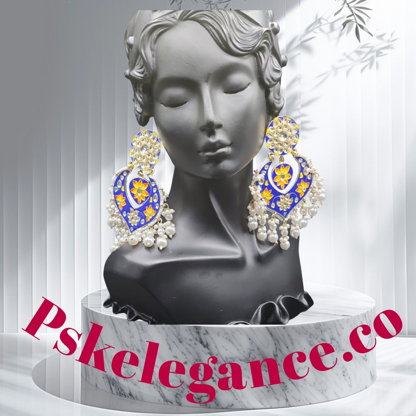 PSK ELEGANCE Blue Meenakari Heart Chandbali Earrings | Floral Kundan Pearl Drop Statement Jewelry