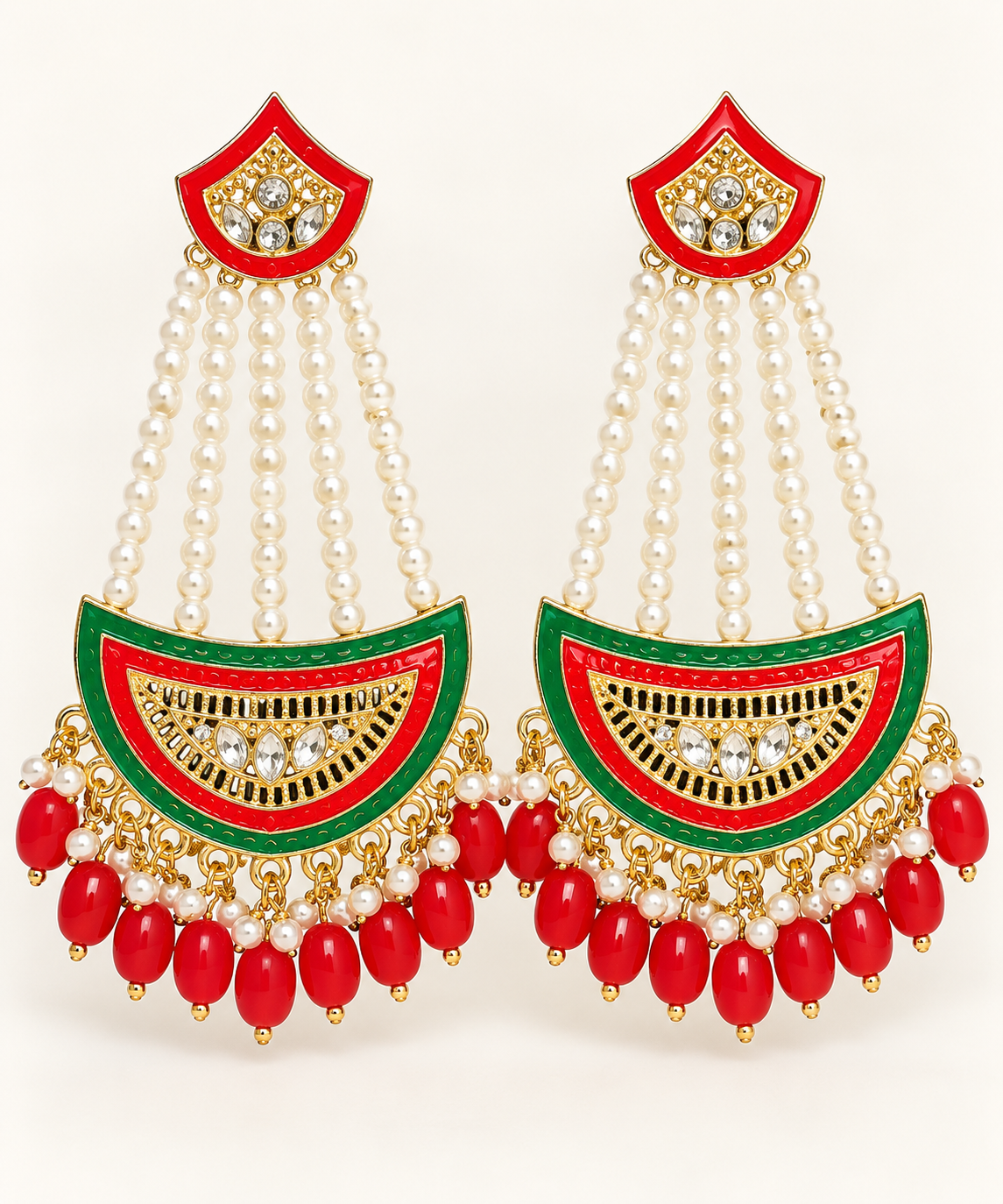 Red & Green Pearl Chandelier Earrings – Traditional Indian Statement Jhumkas