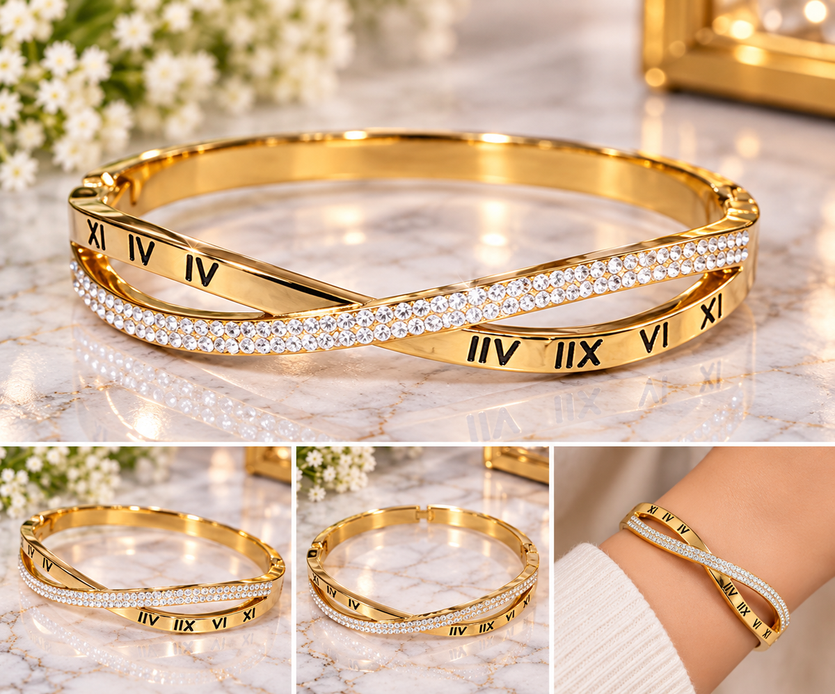 Gold-Tone Roman Numeral Crystal Cuff Bracelet