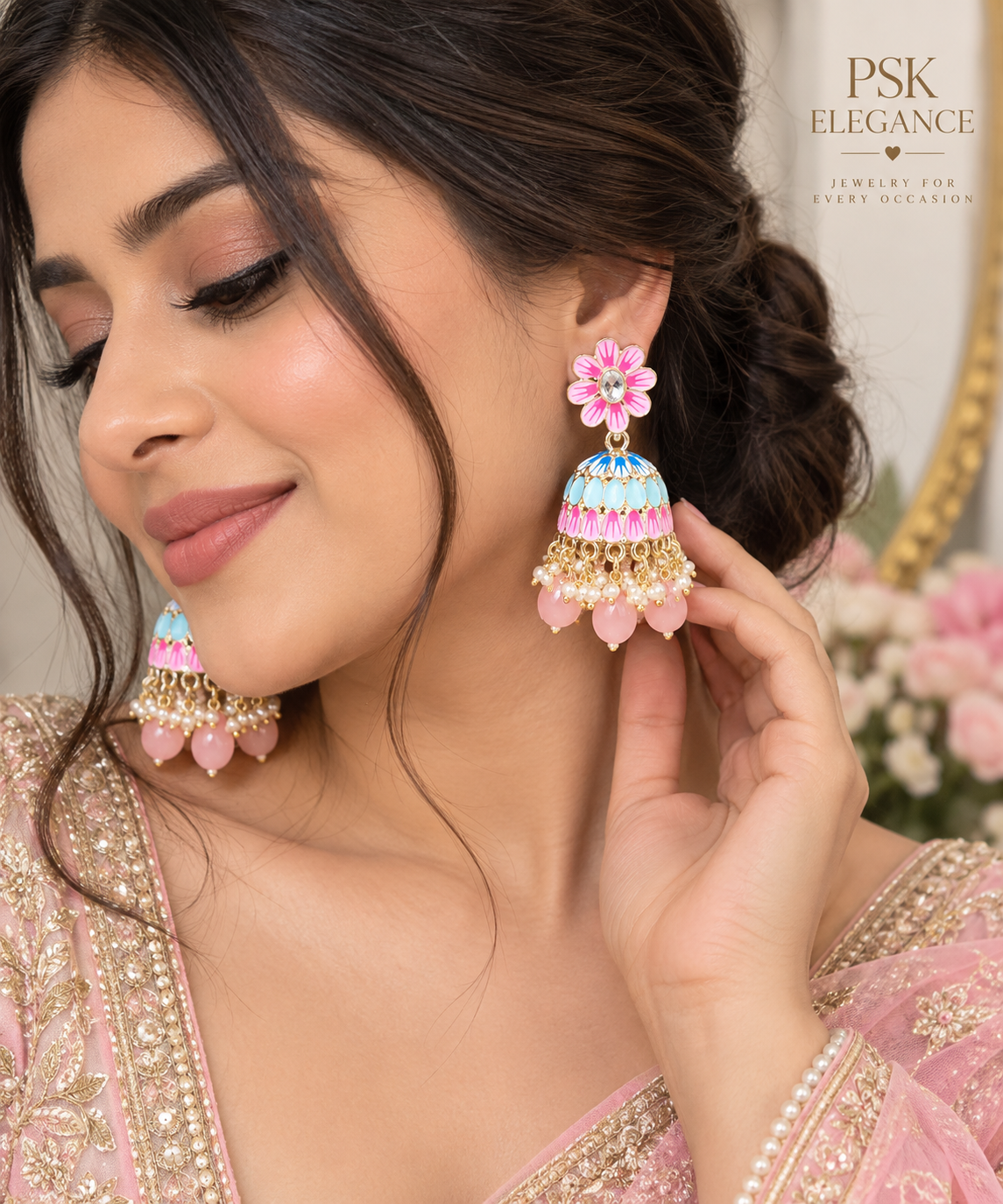 Pink & Blue Floral Meenakari Jhumka Earrings
